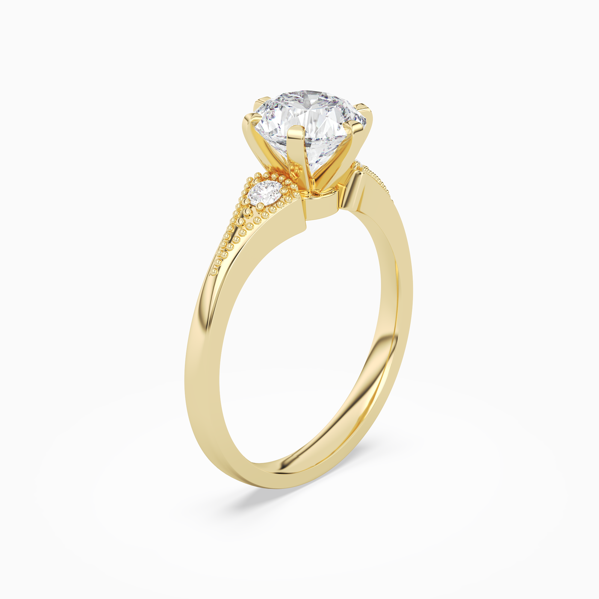 Round Milgrain Shoulder Side Stone Ring in 14K Yellow Gold angled