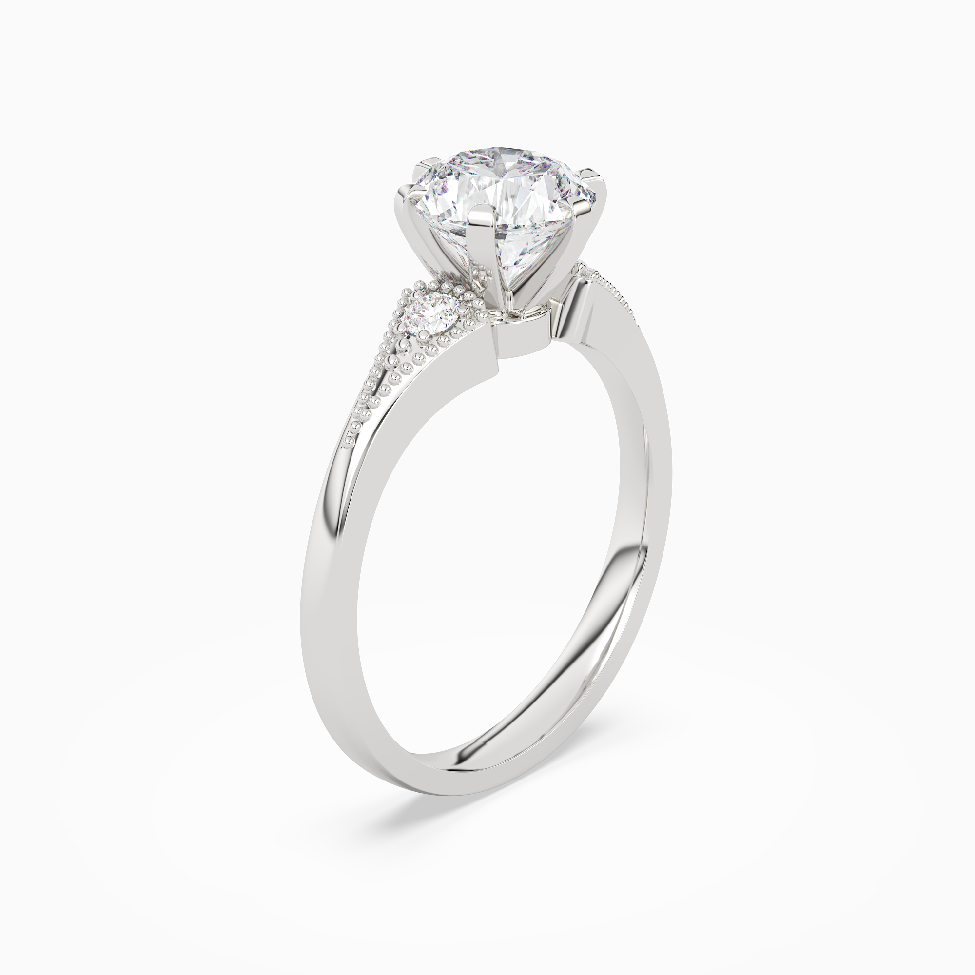 Round Milgrain Shoulder Side Stone Ring in Platinum angled