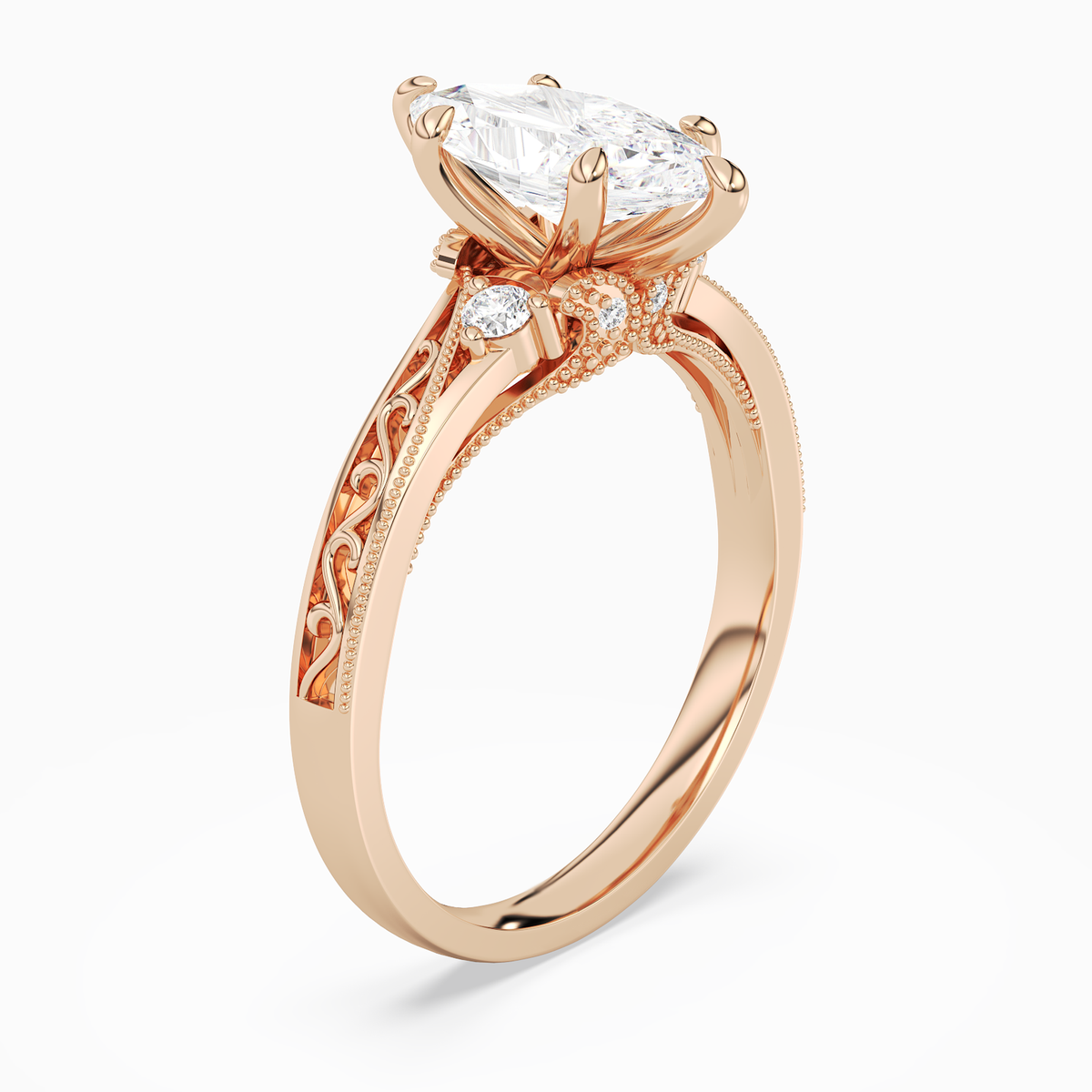 Marquise Engraved Vintage Side Stone Ring in 14K Rose Gold angled