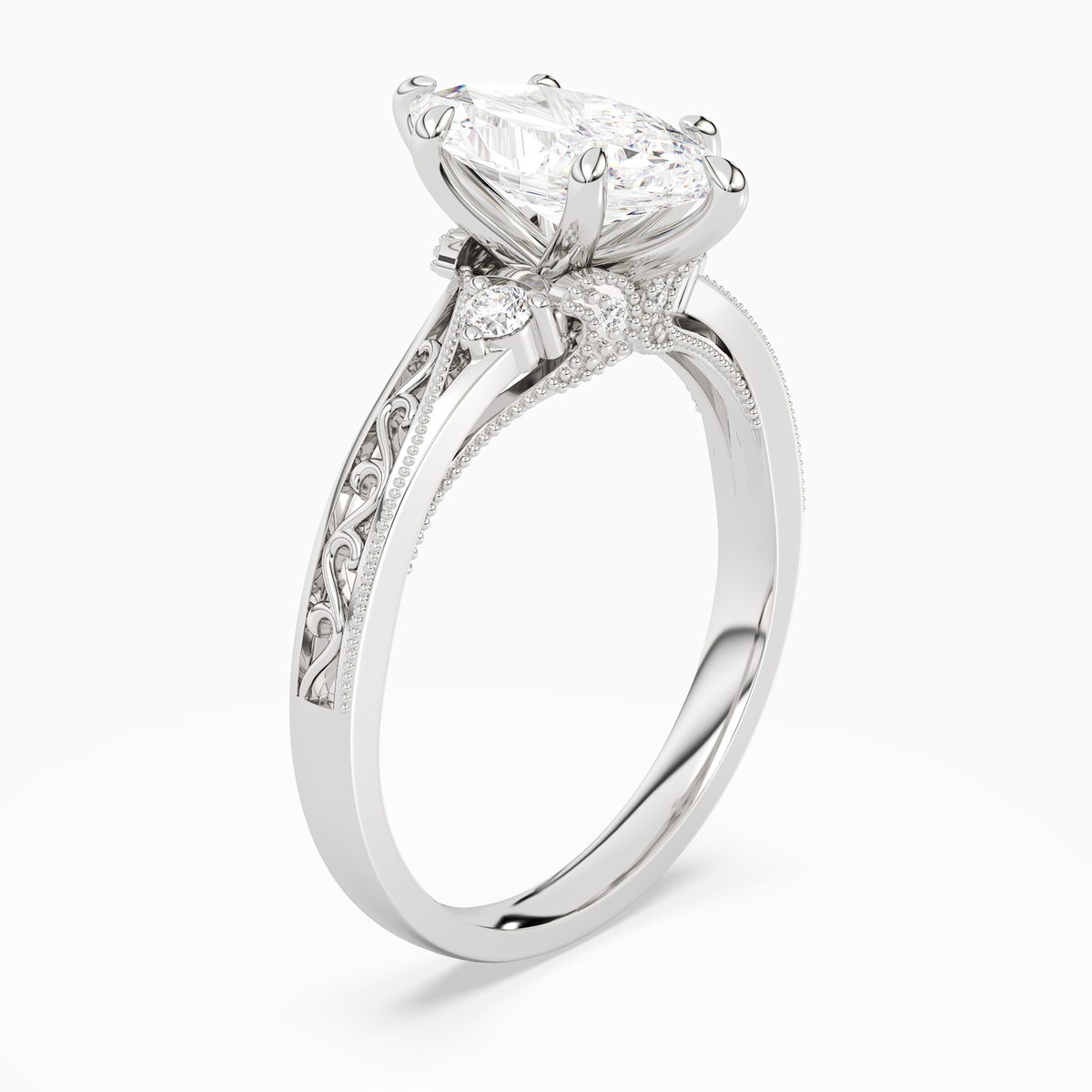 Marquise Engraved Vintage Side Stone Ring in 14K White Gold angled