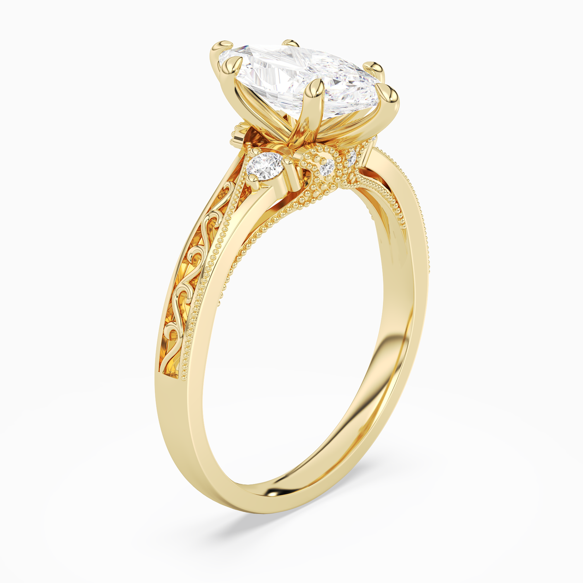 Marquise Engraved Vintage Side Stone Ring in 14K Yellow Gold angled