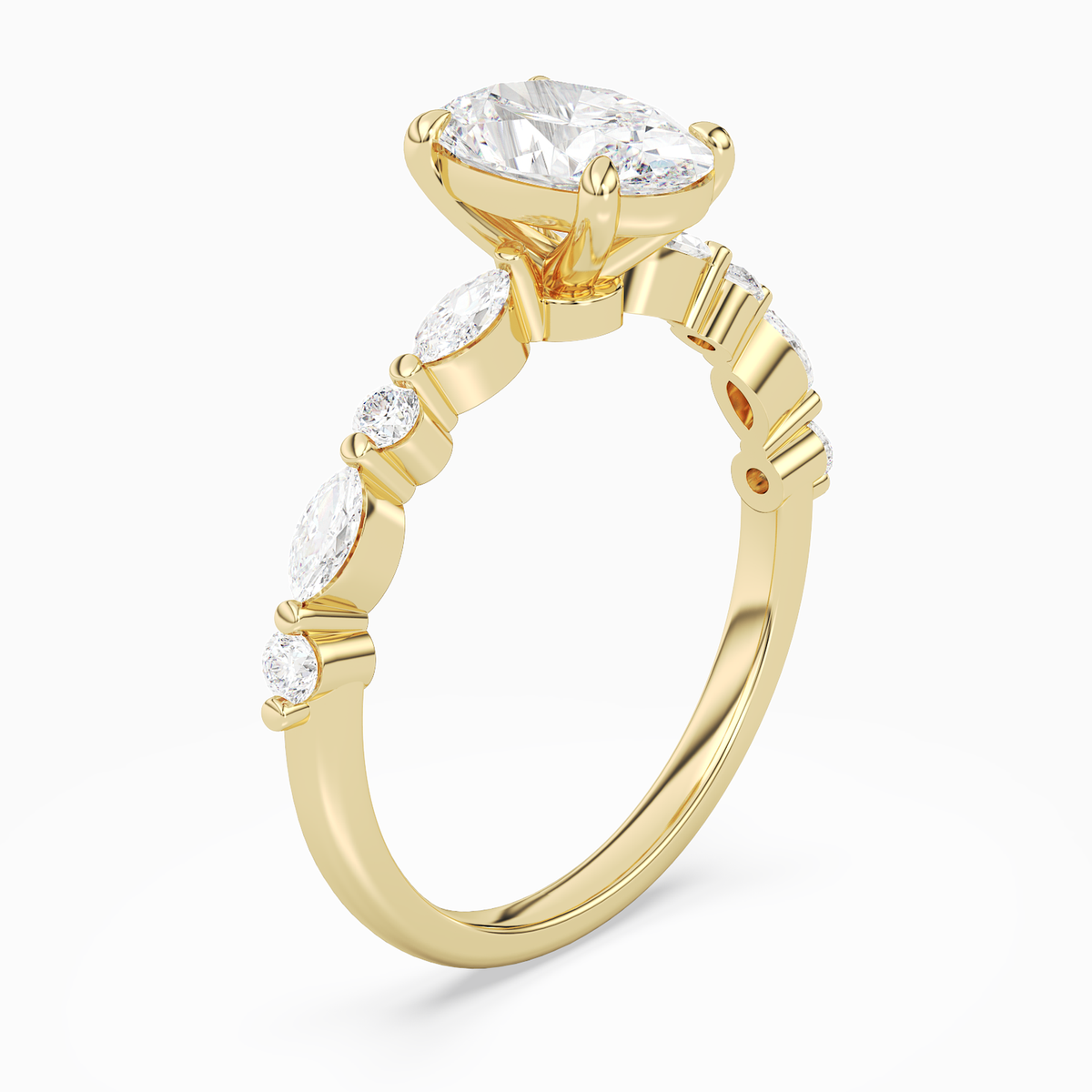 Oval Mixed-Shaped Shoulder Accent Ring in 14K Yellow Gold angled