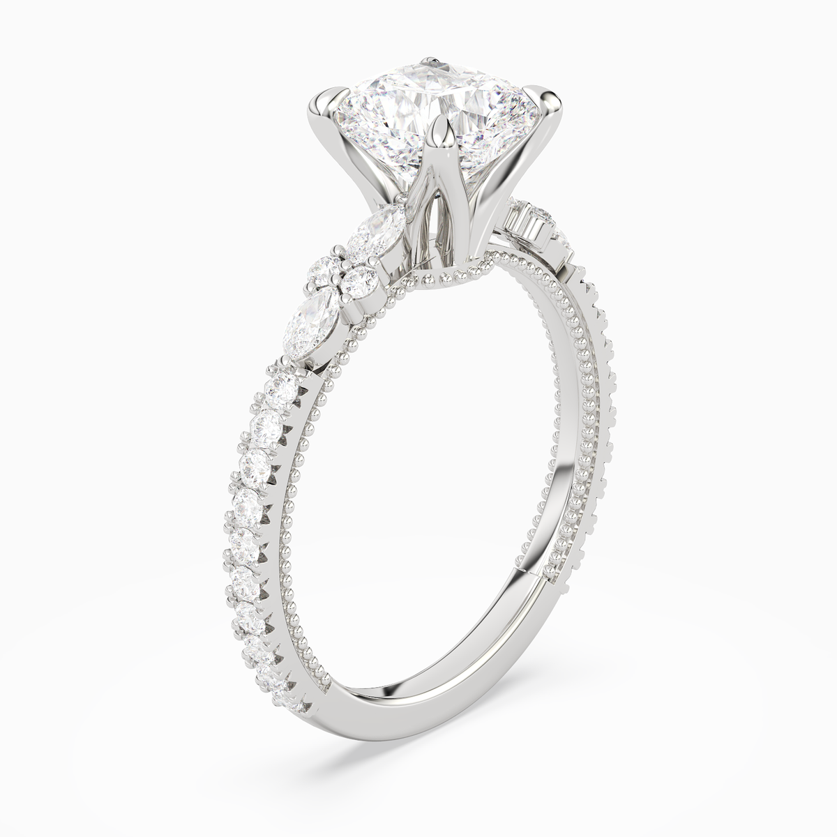 Cushion Celestia Side Stone in 14K White Gold angled