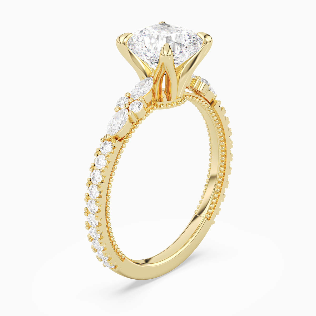 Cushion Celestia Side Stone in 14K Yellow Gold angled