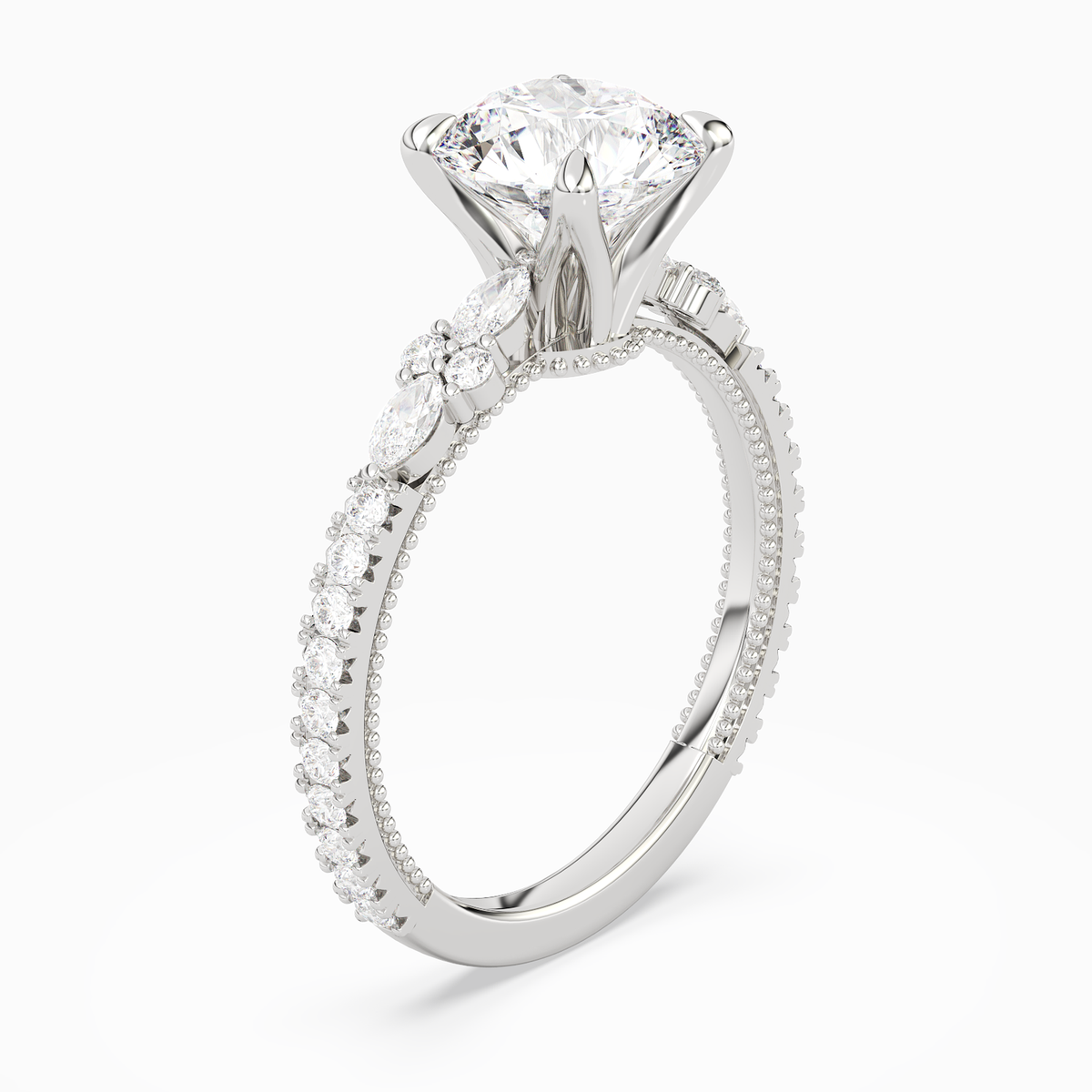 Round Celestia Side Stone in 14K White Gold angled