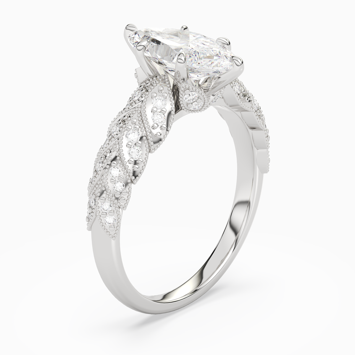 Marquise Laurel Nature Side Stone in 18K White Gold angled