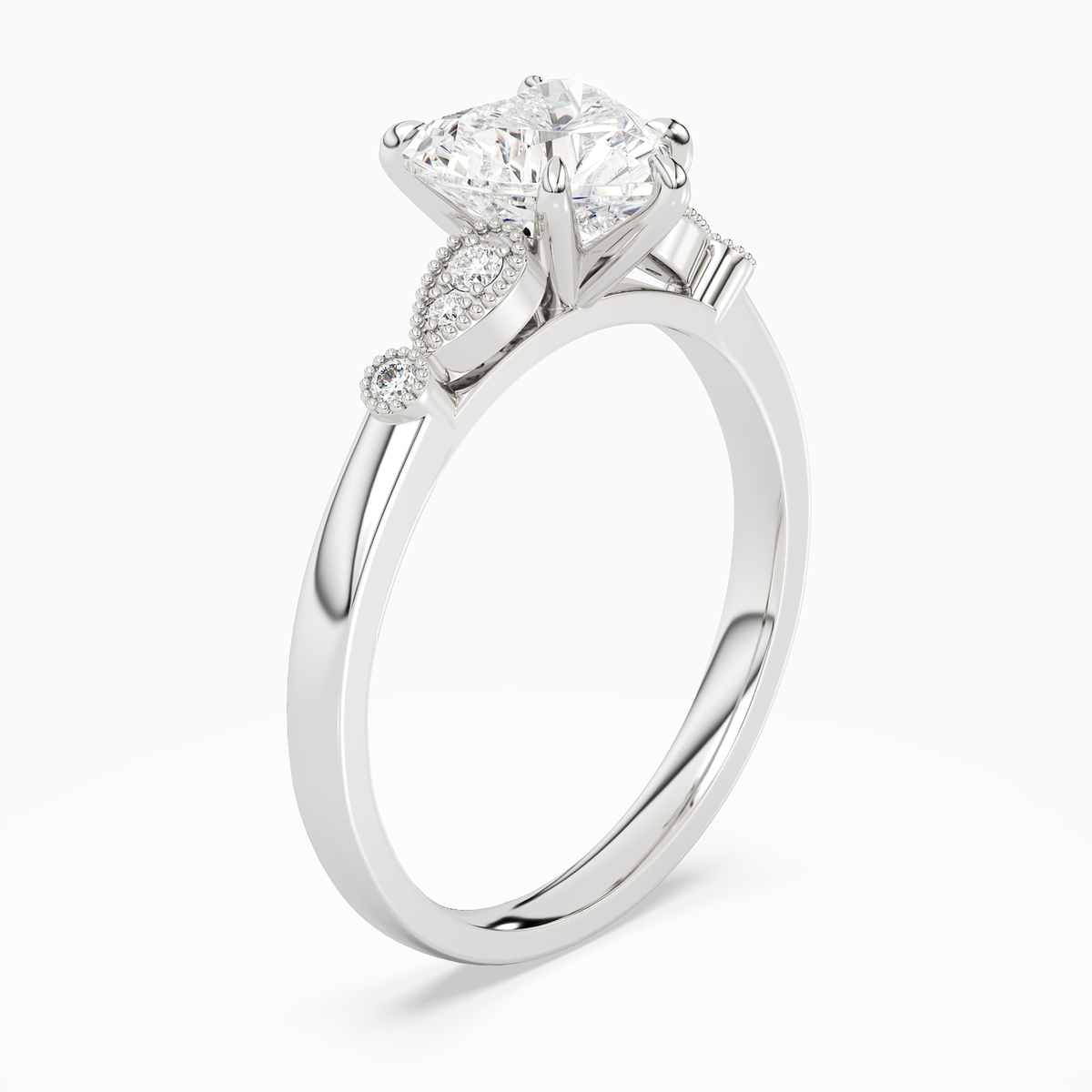 Heart Pear Scroll Side Stone in 14K White Gold angled