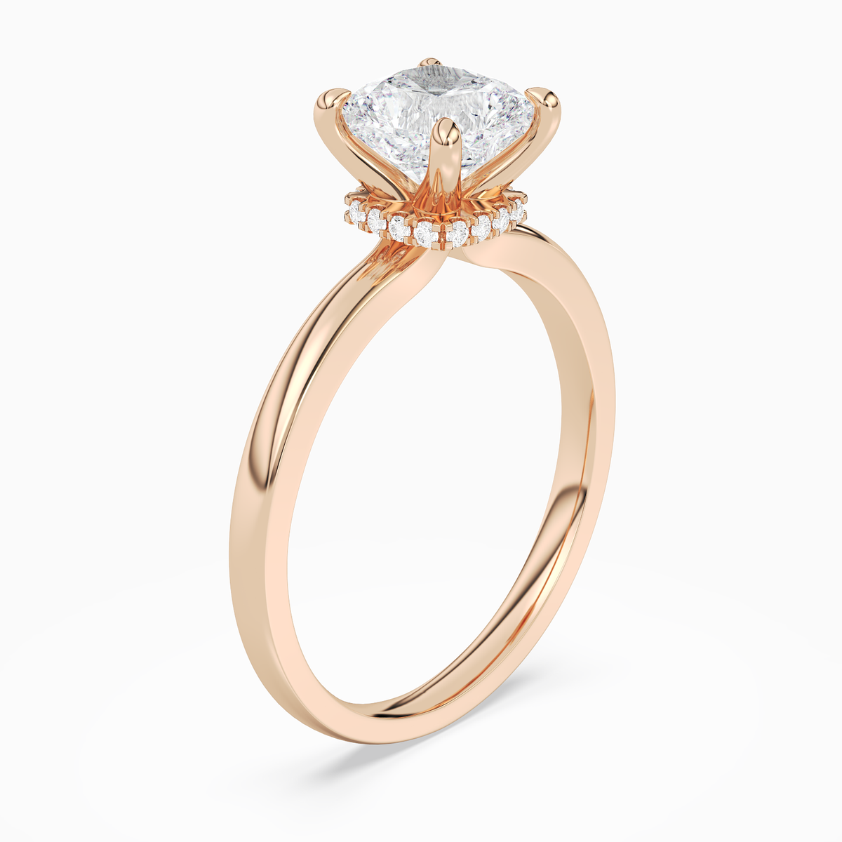 Cushion Hidden Halo Crown Clean in 14K Rose Gold angled