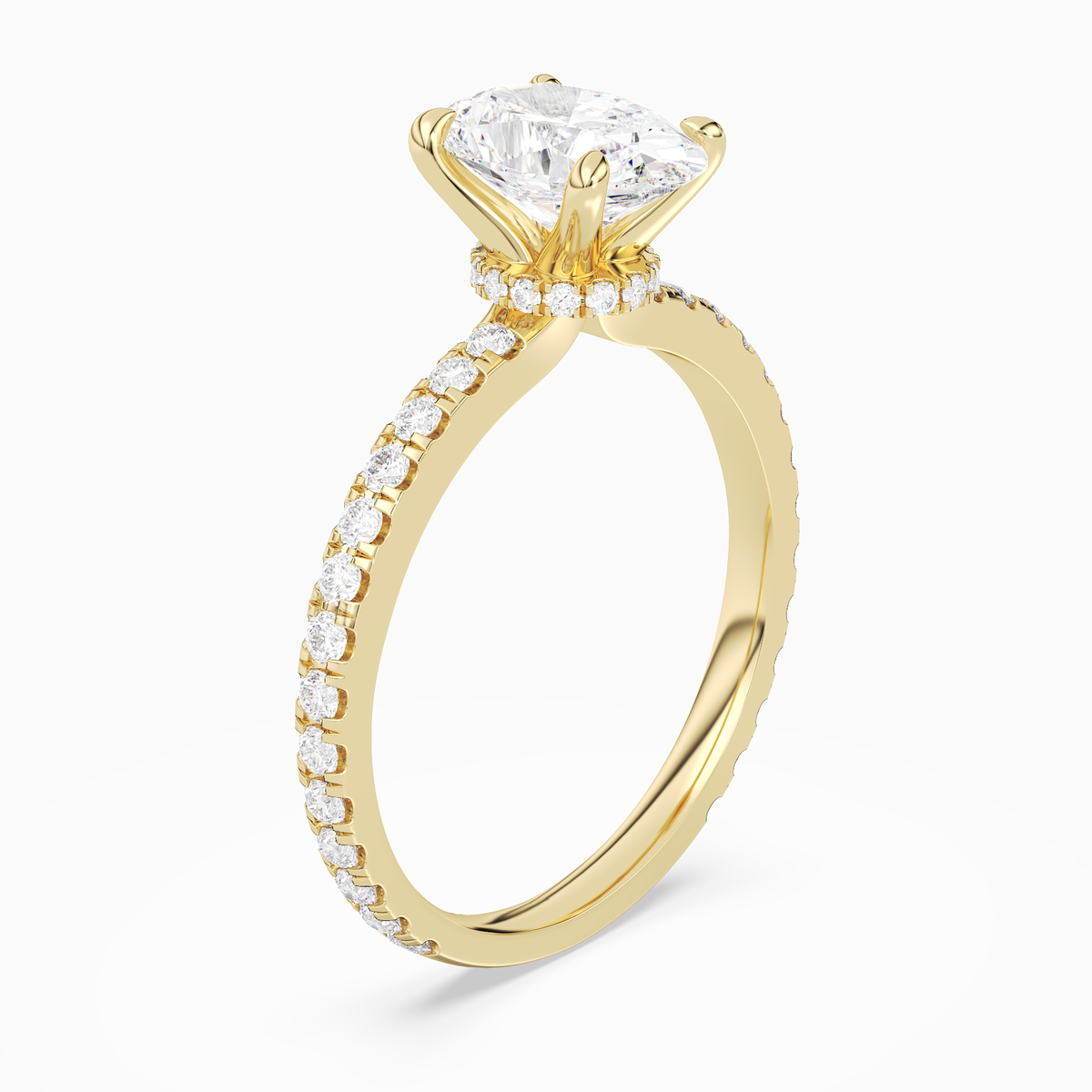 Oval Hidden Halo Crown Pavé in 18K Yellow Gold angled