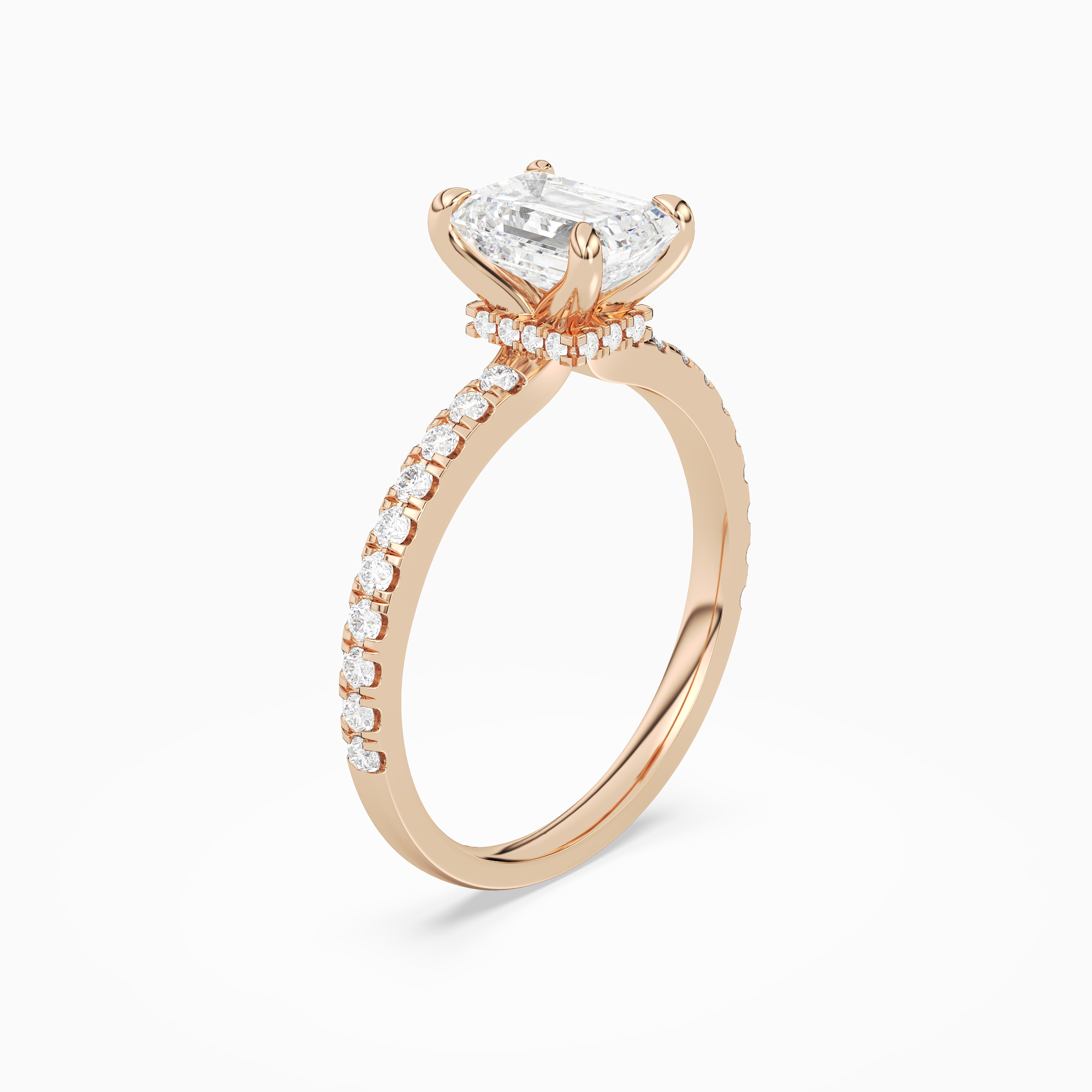 Emerald Hidden Halo Crown Petite Pavé in 14K Rose Gold angled