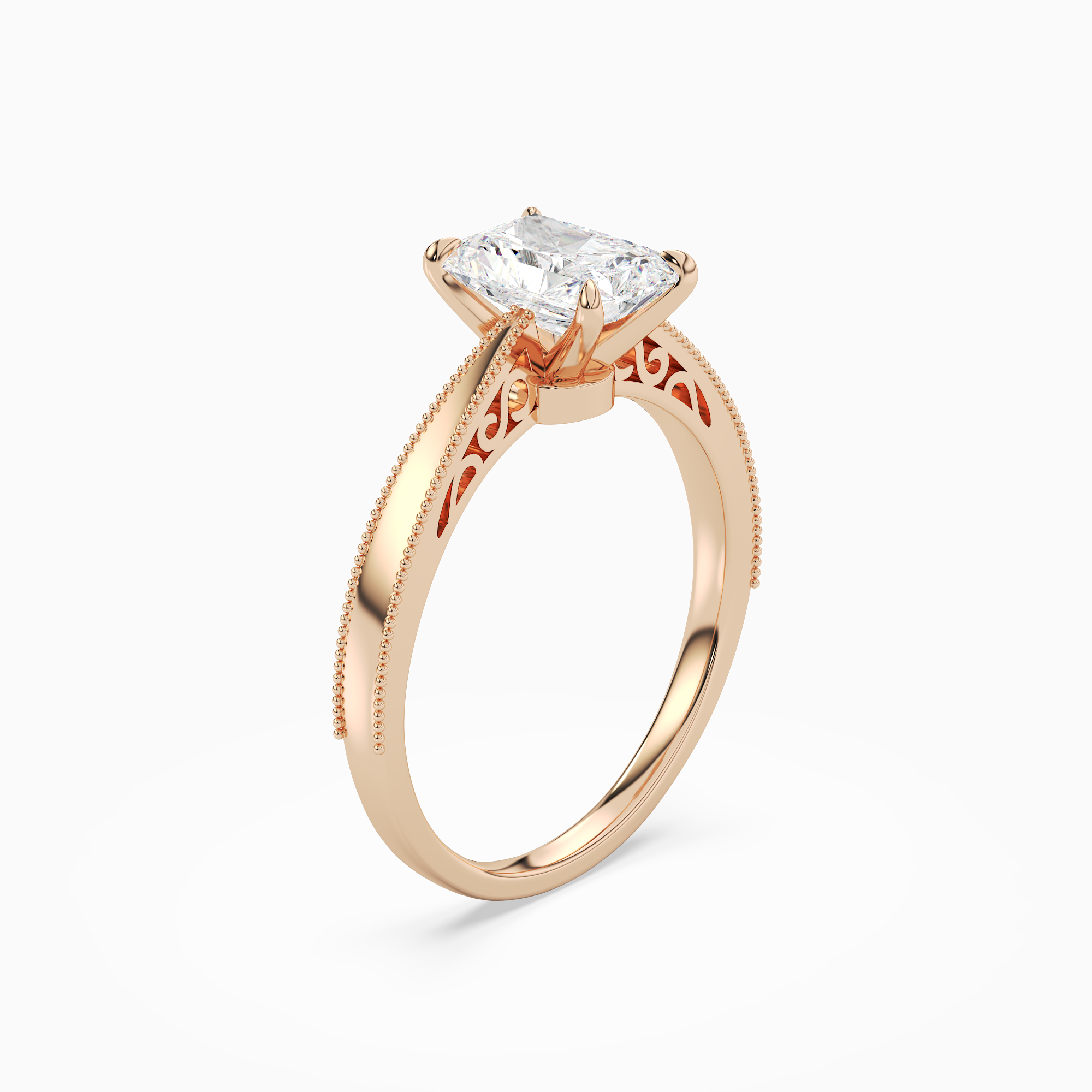 Radiant Milgrain Edge Solitaire in 14K Rose Gold angled