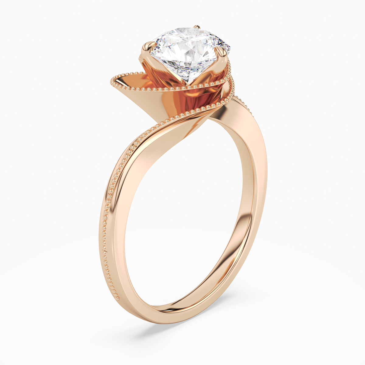 Round Natural-Inspired Crossover Solitaire in 14K Rose Gold angled