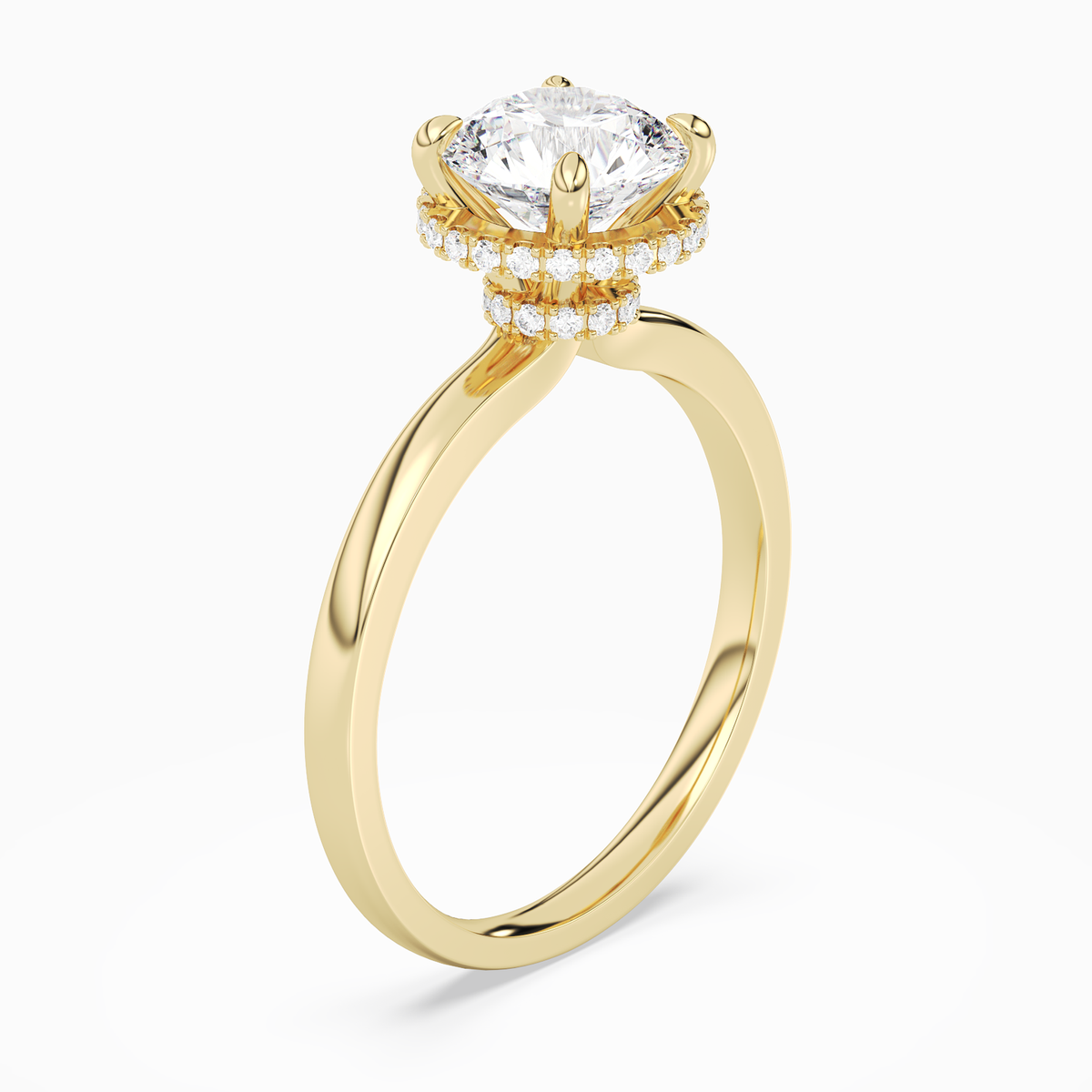 Round Double Hidden Halo Plain in 18K Yellow Gold angled