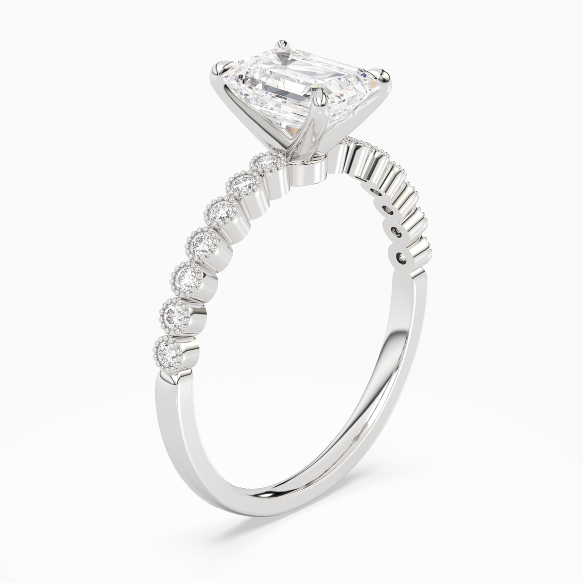 Emerald Accent Shoulder Solitaire in 14K White Gold angled
