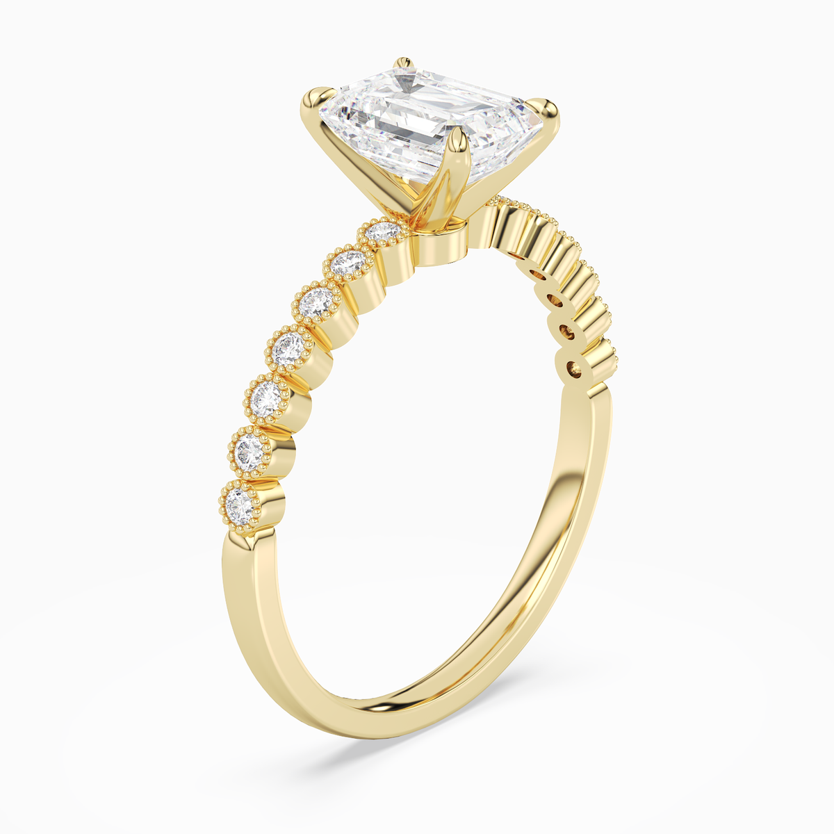 Emerald Accent Shoulder Solitaire in 18K Yellow Gold angled