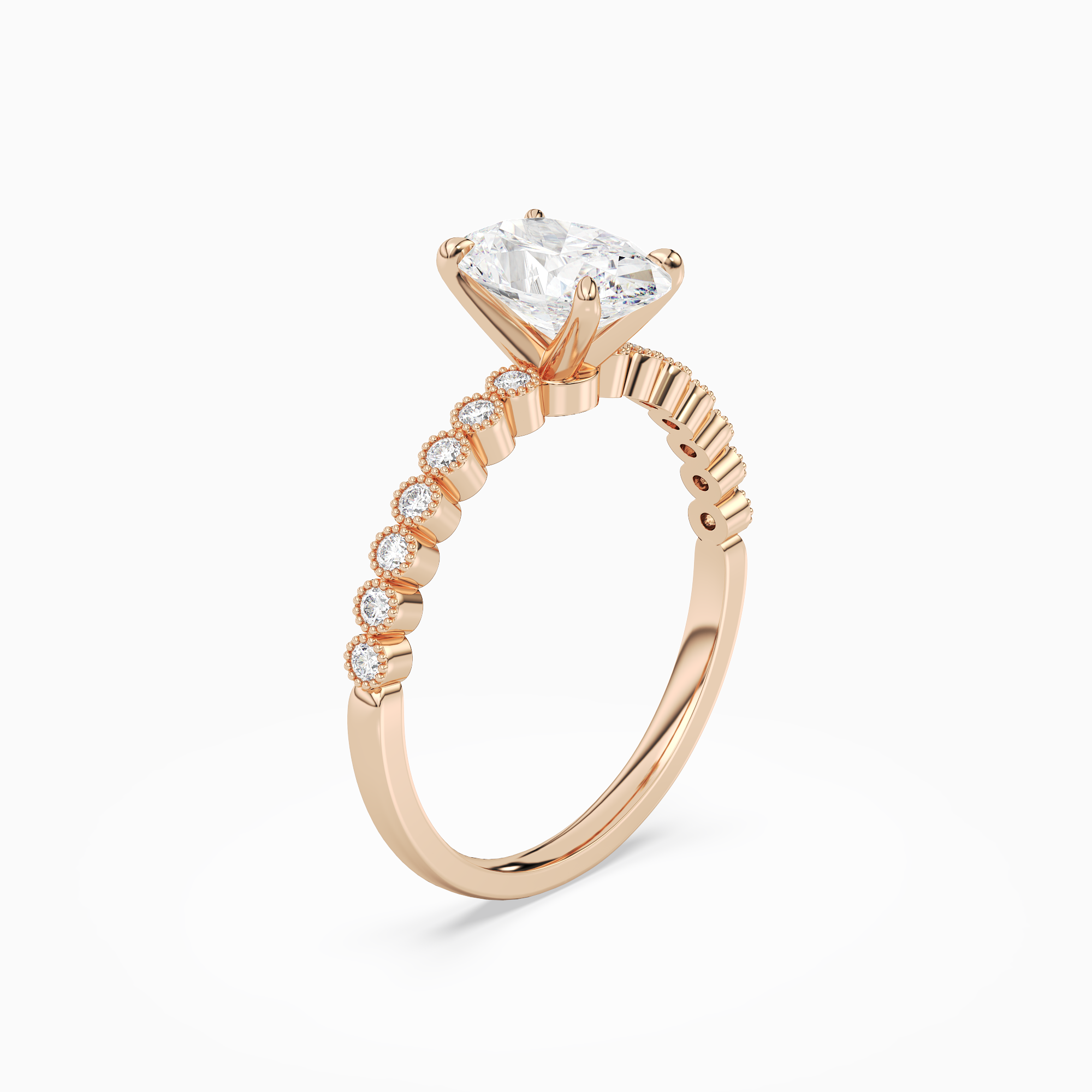 Oval Accent Shoulder Solitaire in 14K Rose Gold angled
