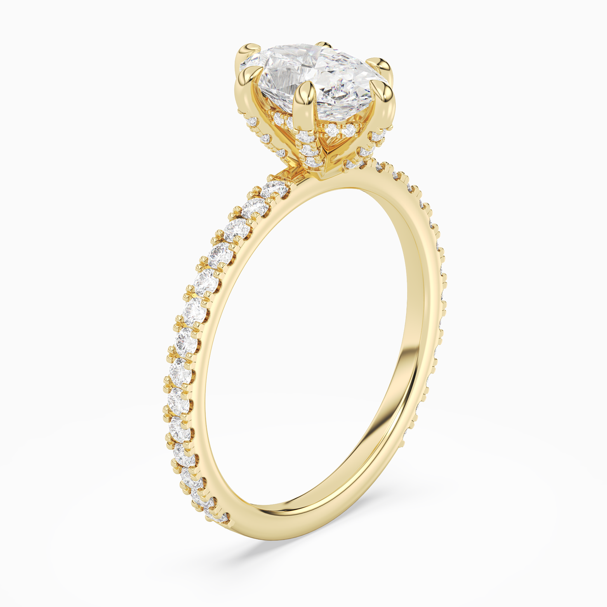 Oval Hidden Halo Accent Six-Prong Pavé in 18K Yellow Gold angled