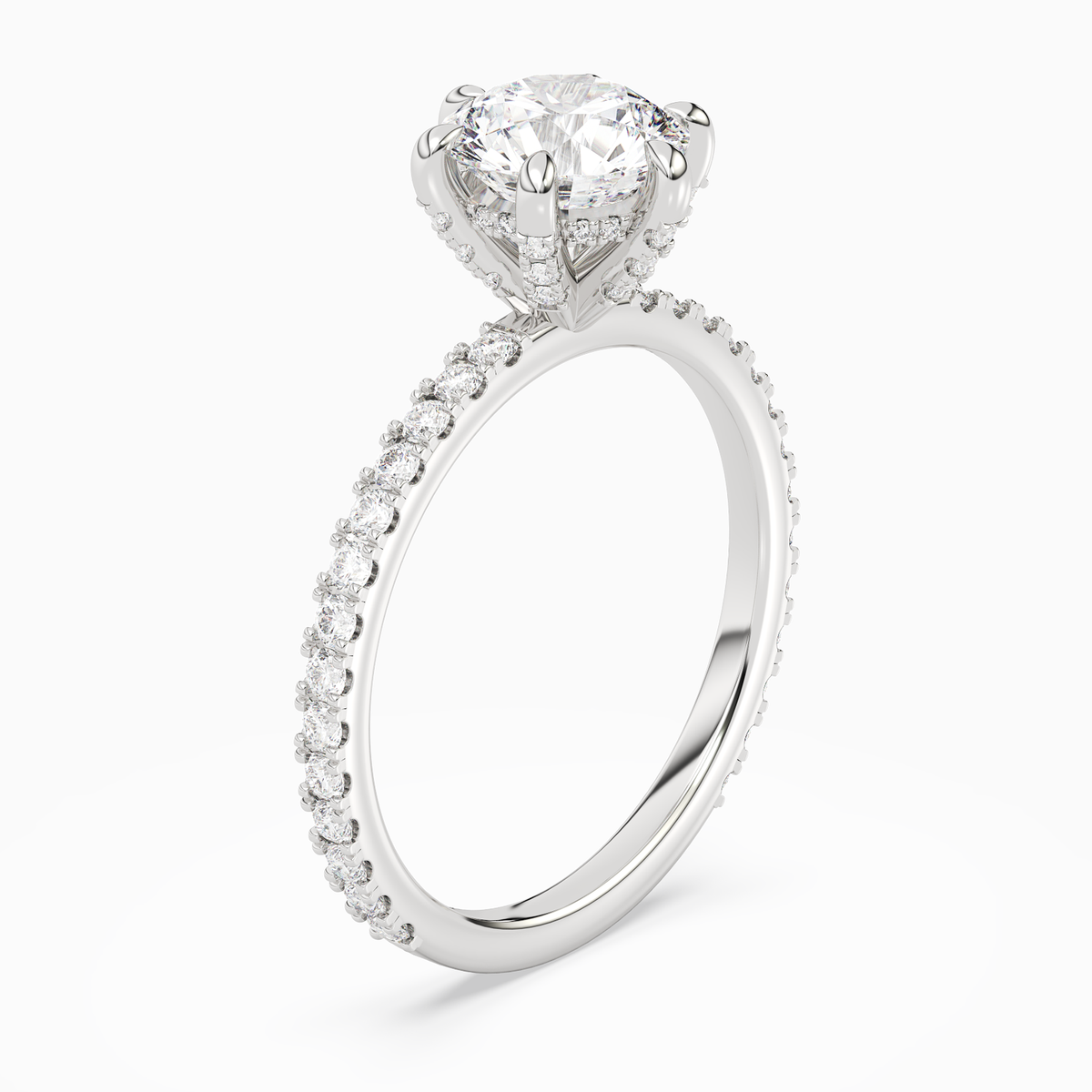 Round Hidden Halo Accent Six-Prong Pavé in 14K White Gold angled