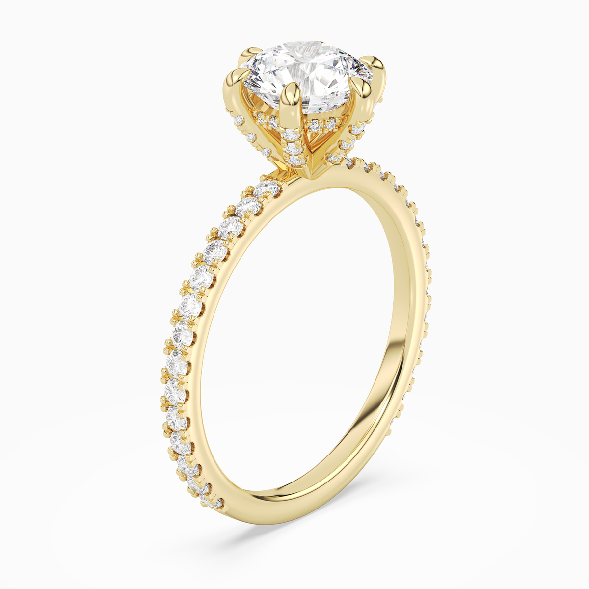 Round Hidden Halo Accent Six-Prong Pavé in 18K Yellow Gold angled