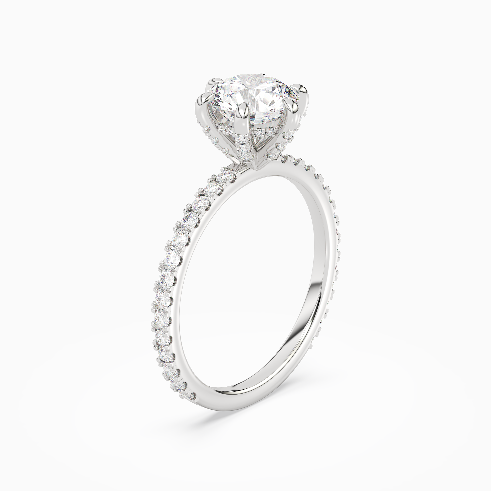 Round Hidden Halo Accent Six-Prong Pavé in Platinum angled