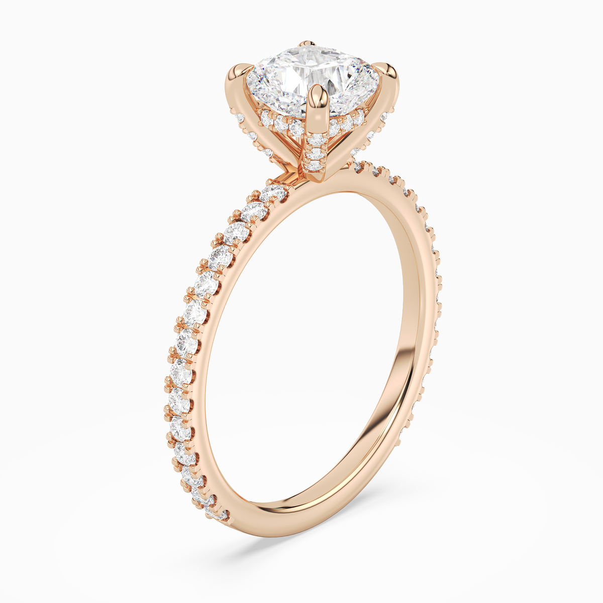 Cushion Hidden Halo Accent Luxe Pavé in 14K Rose Gold angled
