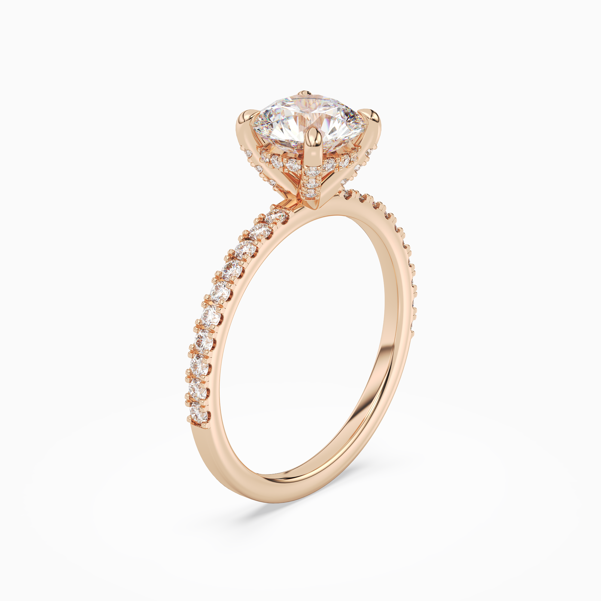 Round Hidden Halo Accent Pavé in 14K Rose Gold angled