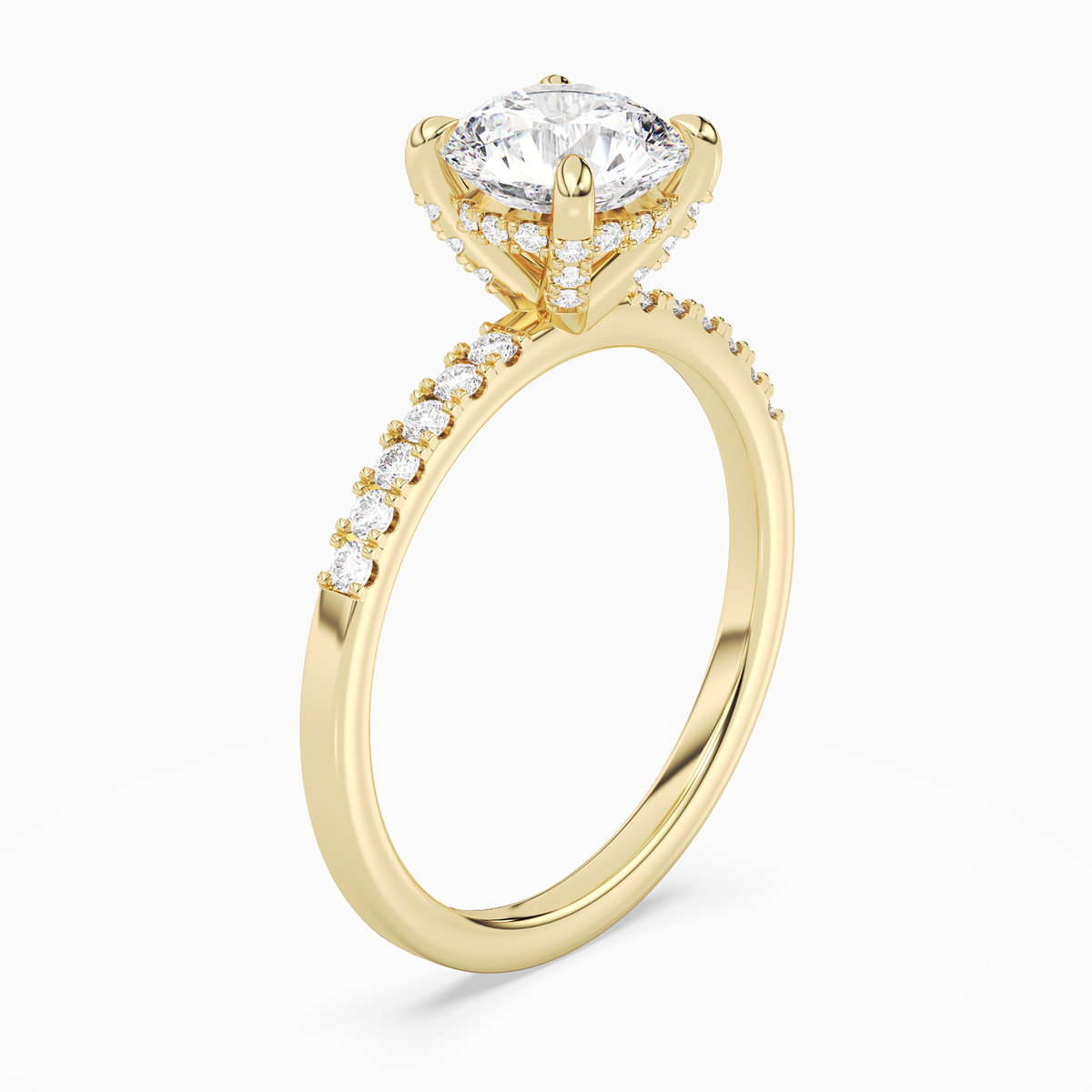 Round Hidden Halo Accent Petite Pavé in 18K Yellow Gold angled