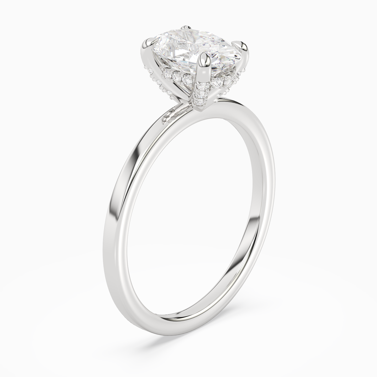Oval Hidden Halo Accent Plain in 14K White Gold angled