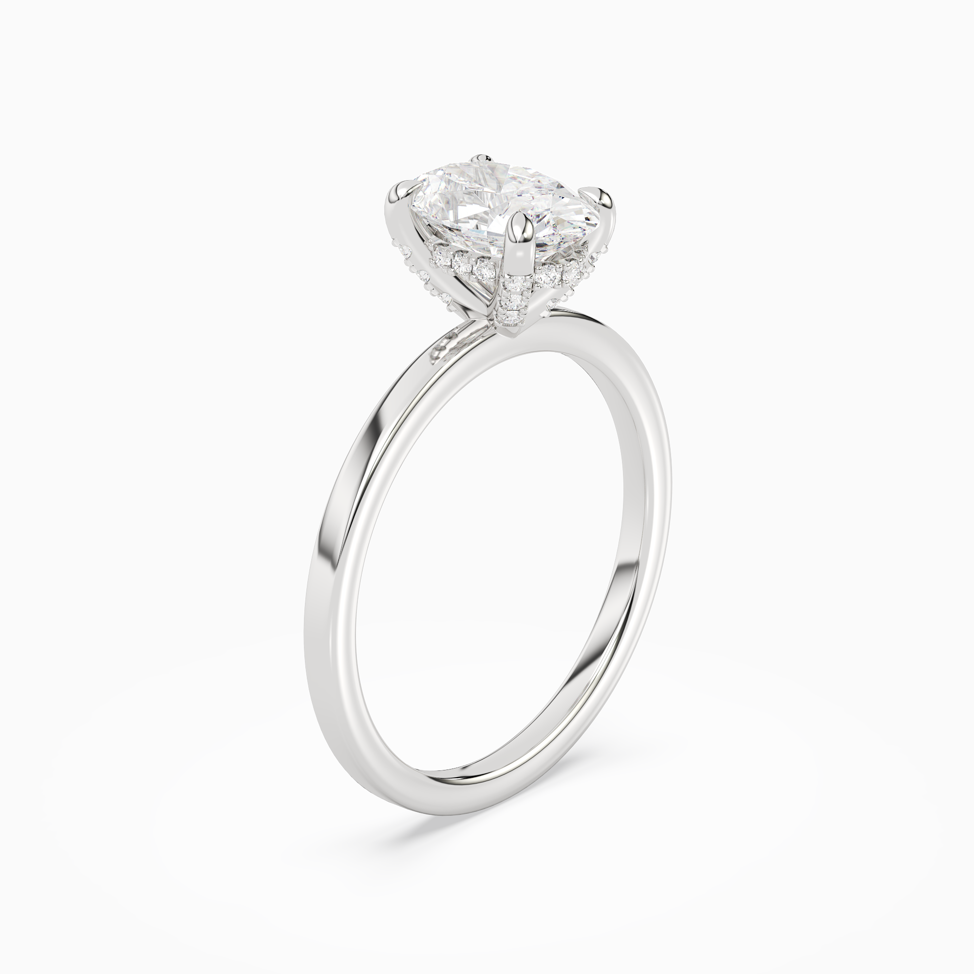 Oval Hidden Halo Accent Plain in 18K White Gold angled