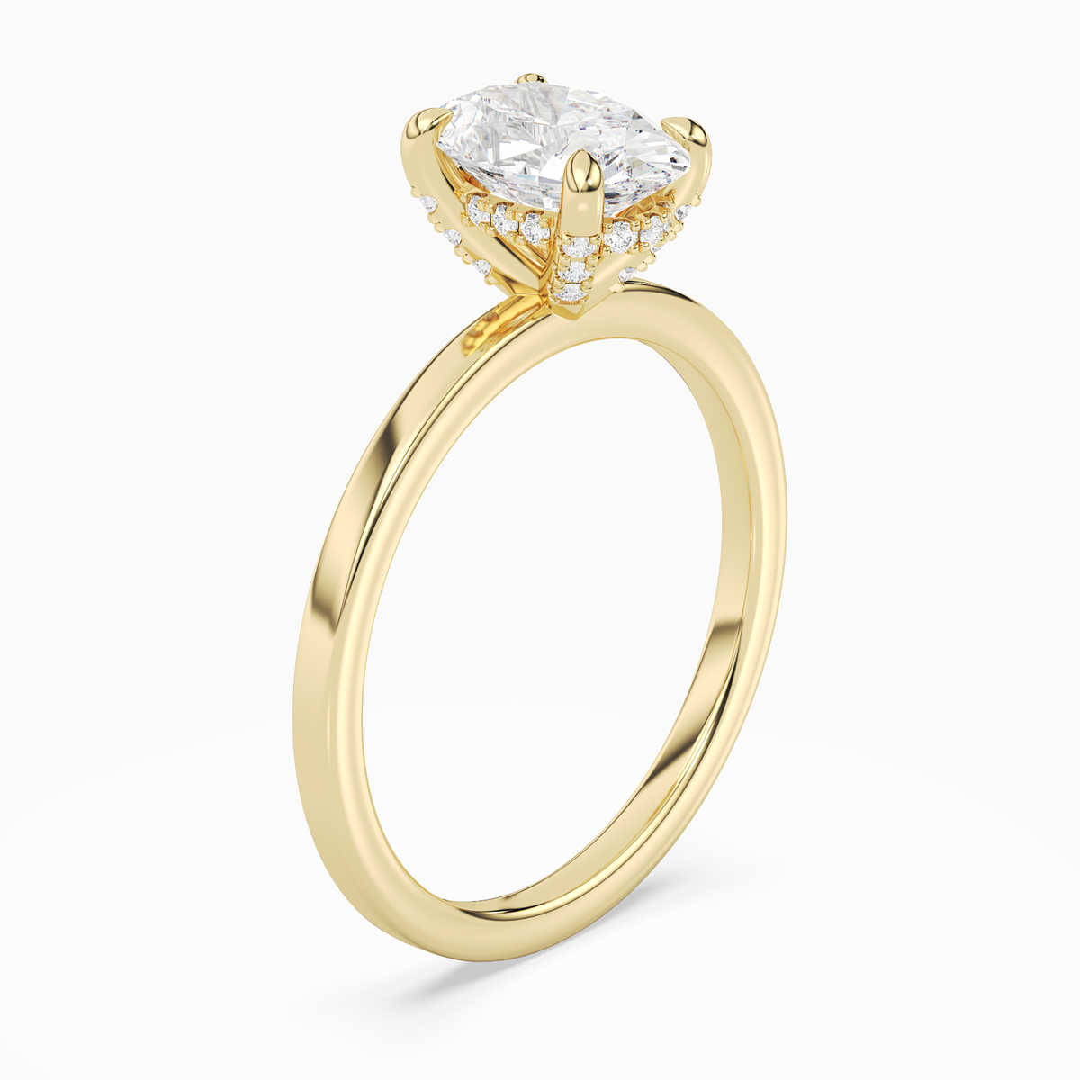 Oval Hidden Halo Accent Plain in 18K Yellow Gold angled