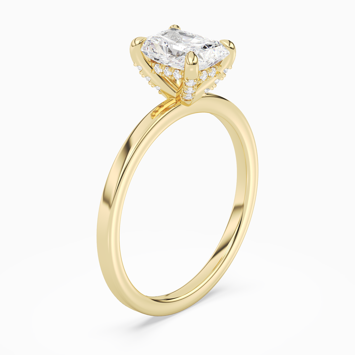 Radiant Hidden Halo Accent Plain in 18K Yellow Gold angled
