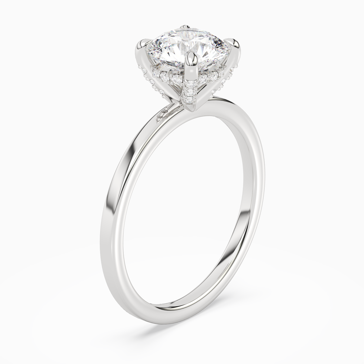 Round Hidden Halo Accent Plain in 14K White Gold angled