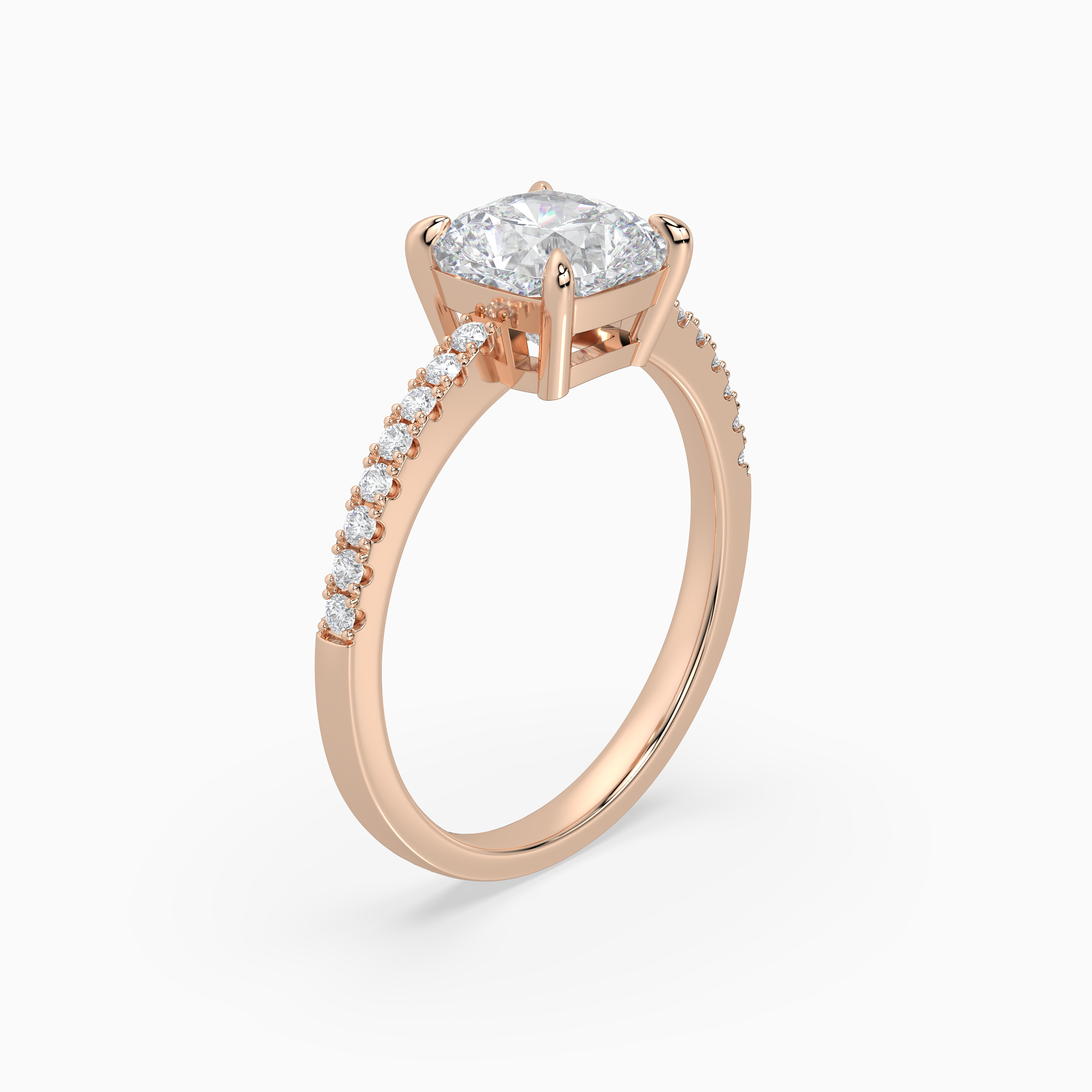 Cushion Classic Basket Pavé Solitaire in 14K Rose Gold angled