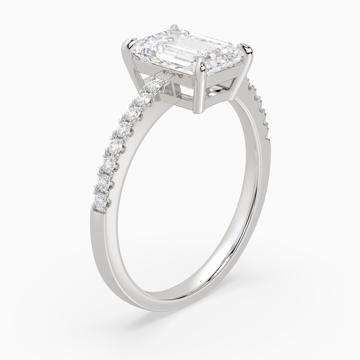 Emerald Classic Basket Pavé Solitaire in Platinum angled
