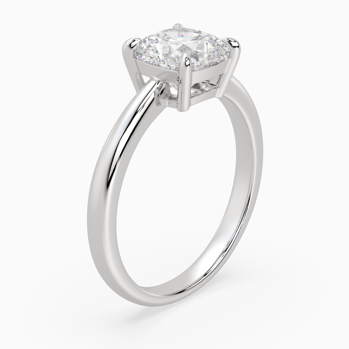 Cushion Classic Basket Plain Solitaire in 14K White Gold angled
