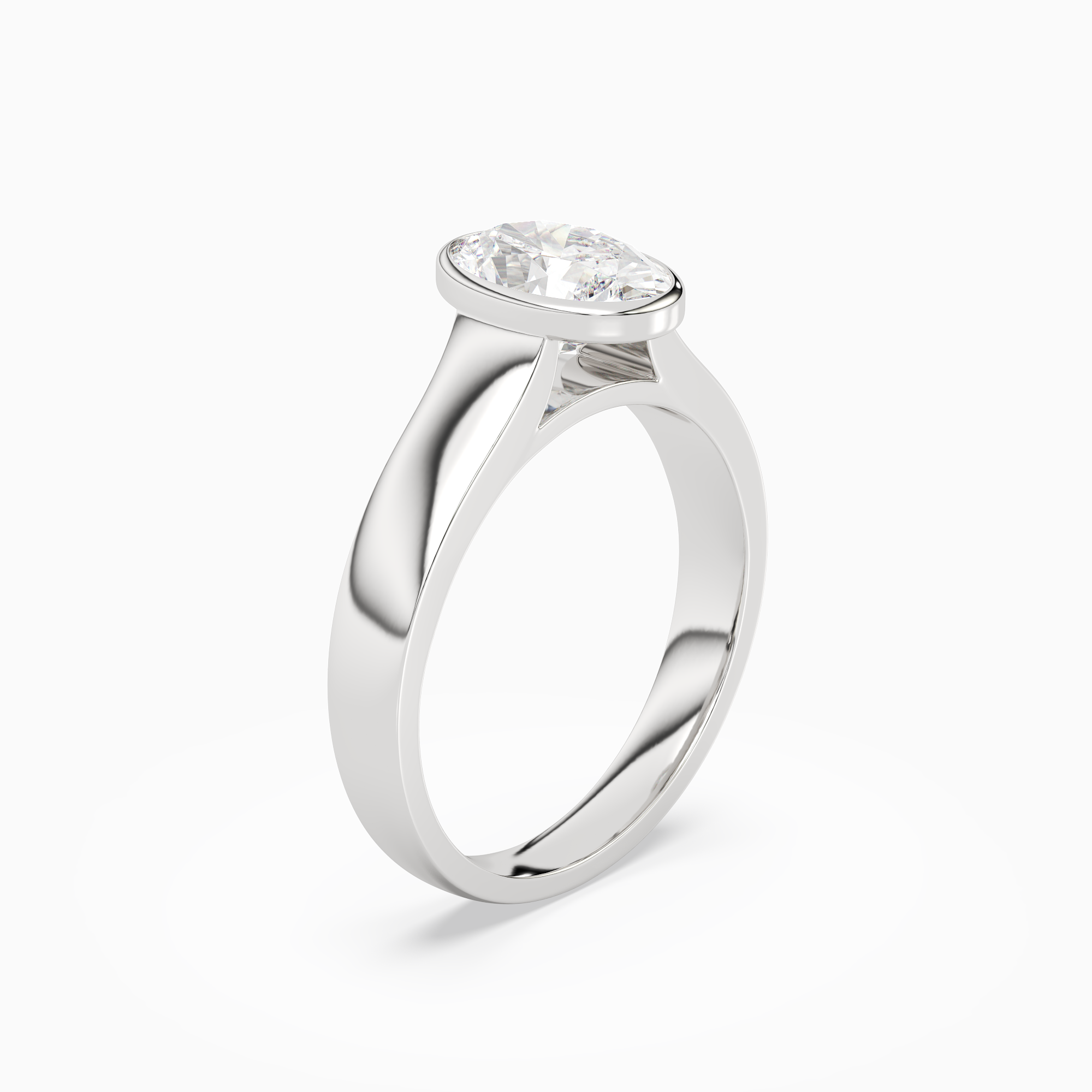 Oval Wide Tapered Bezel Solitaire in 18K White Gold angled