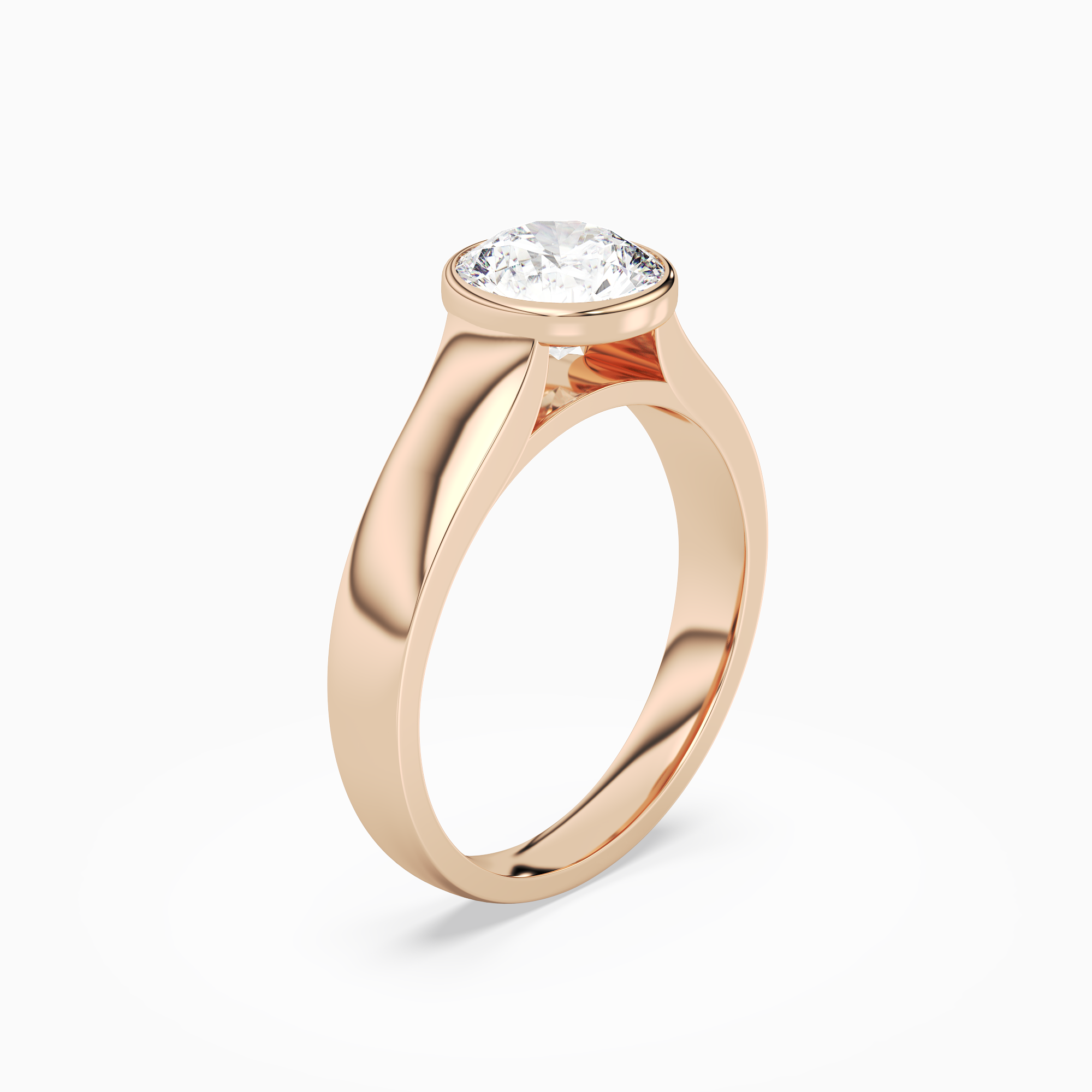 Round Wide Tapered Bezel Solitaire in 14K Rose Gold angled