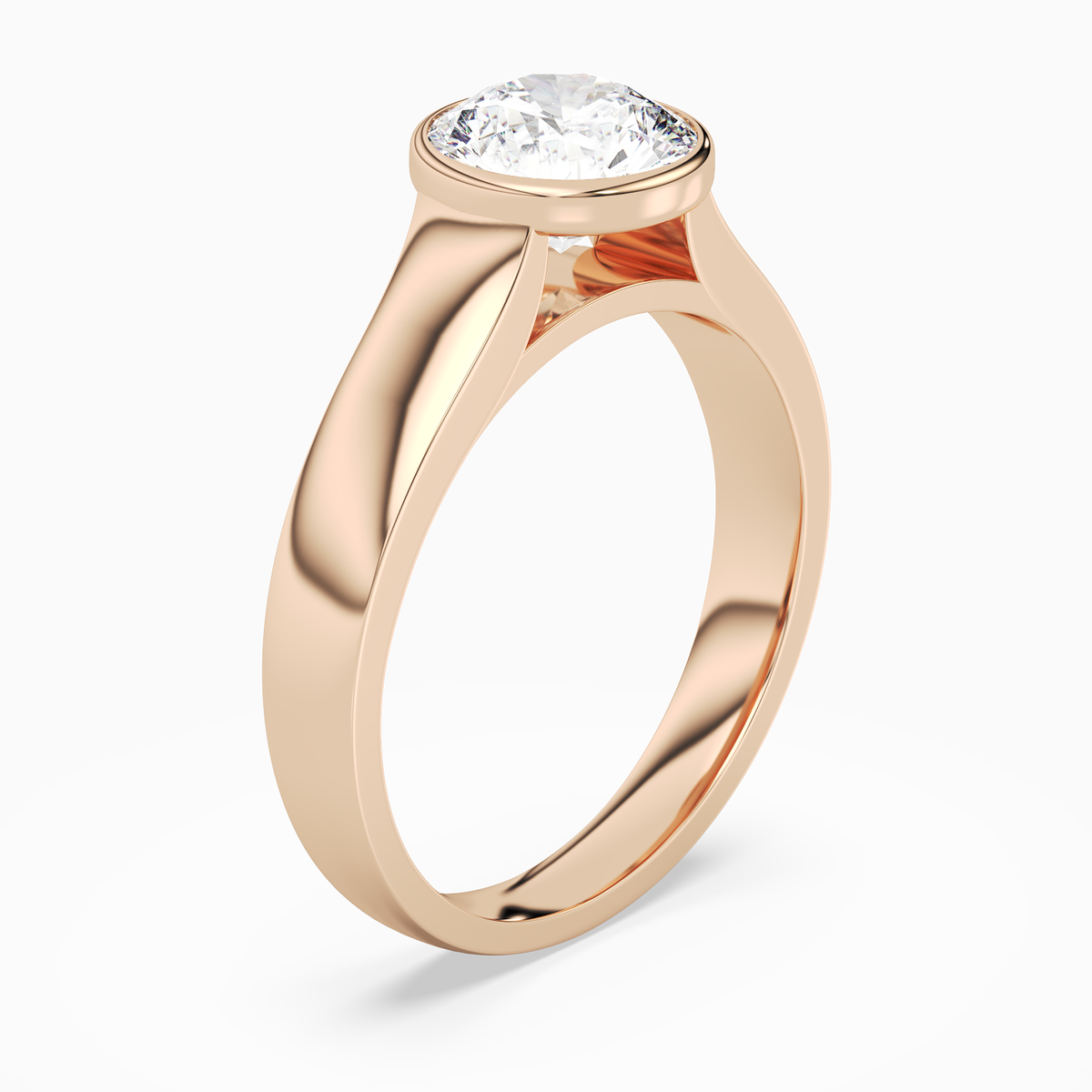 Round Wide Tapered Bezel Solitaire in 14K Rose Gold angled