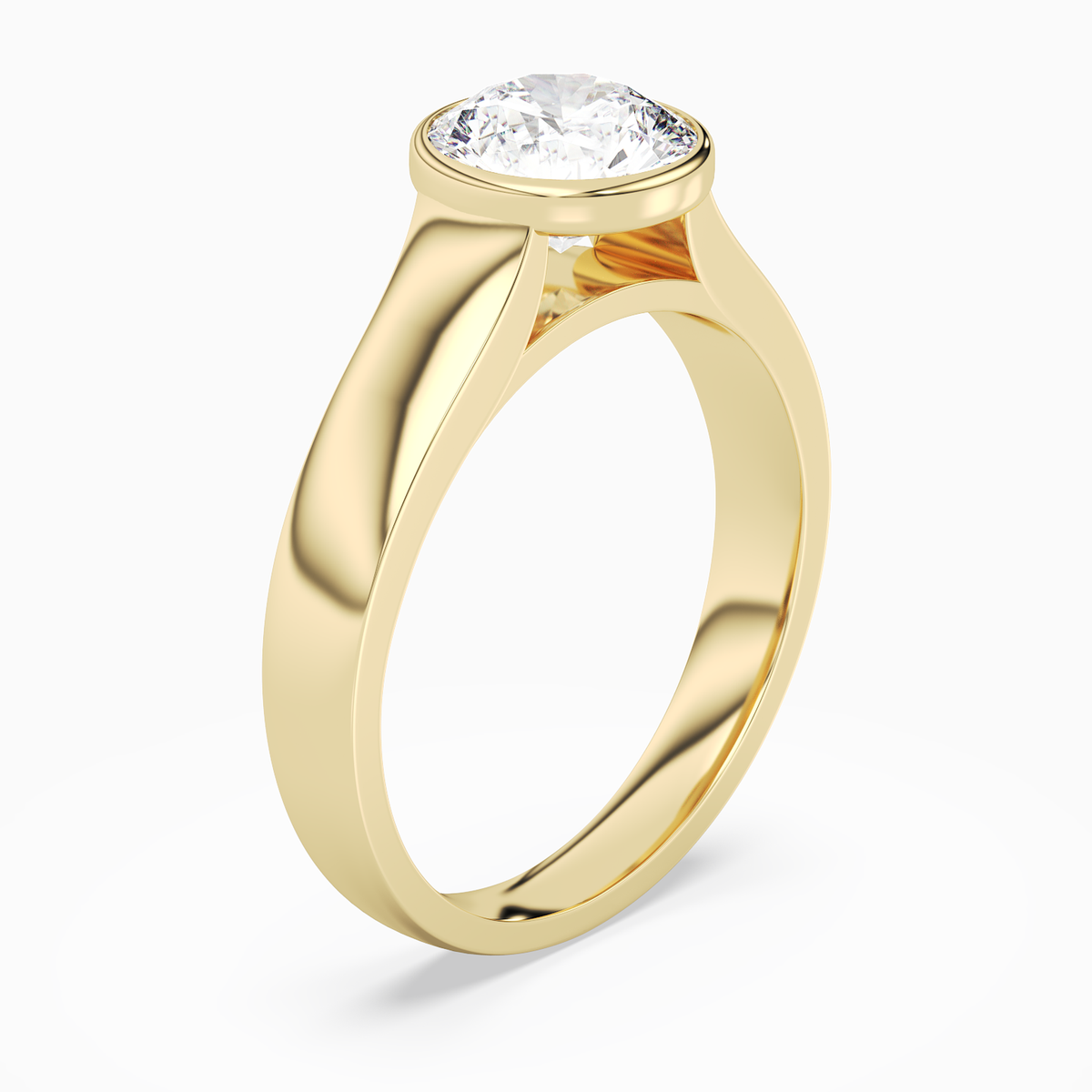 Round Wide Tapered Bezel Solitaire in 14K Yellow Gold angled