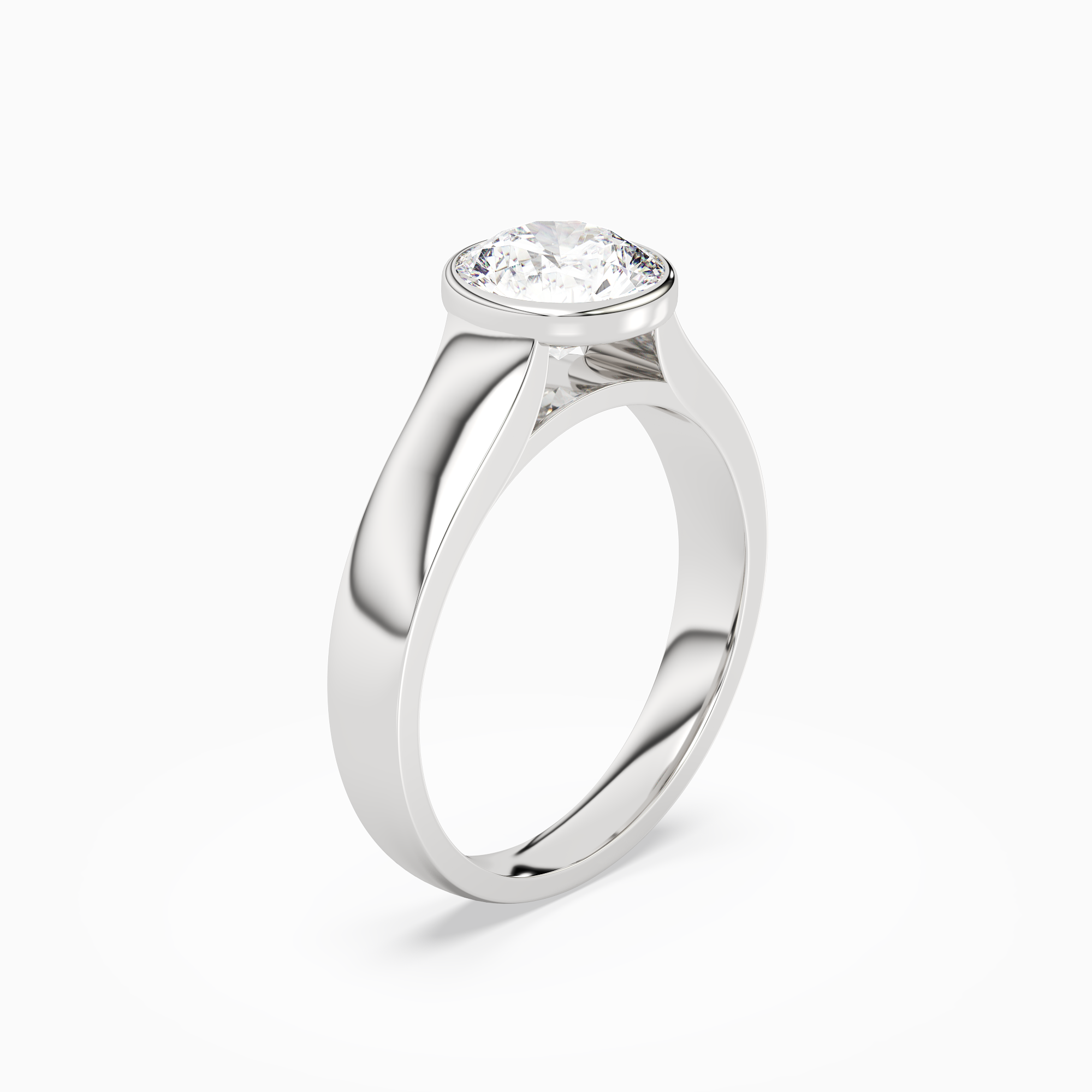 Round Wide Tapered Bezel Solitaire in Platinum angled