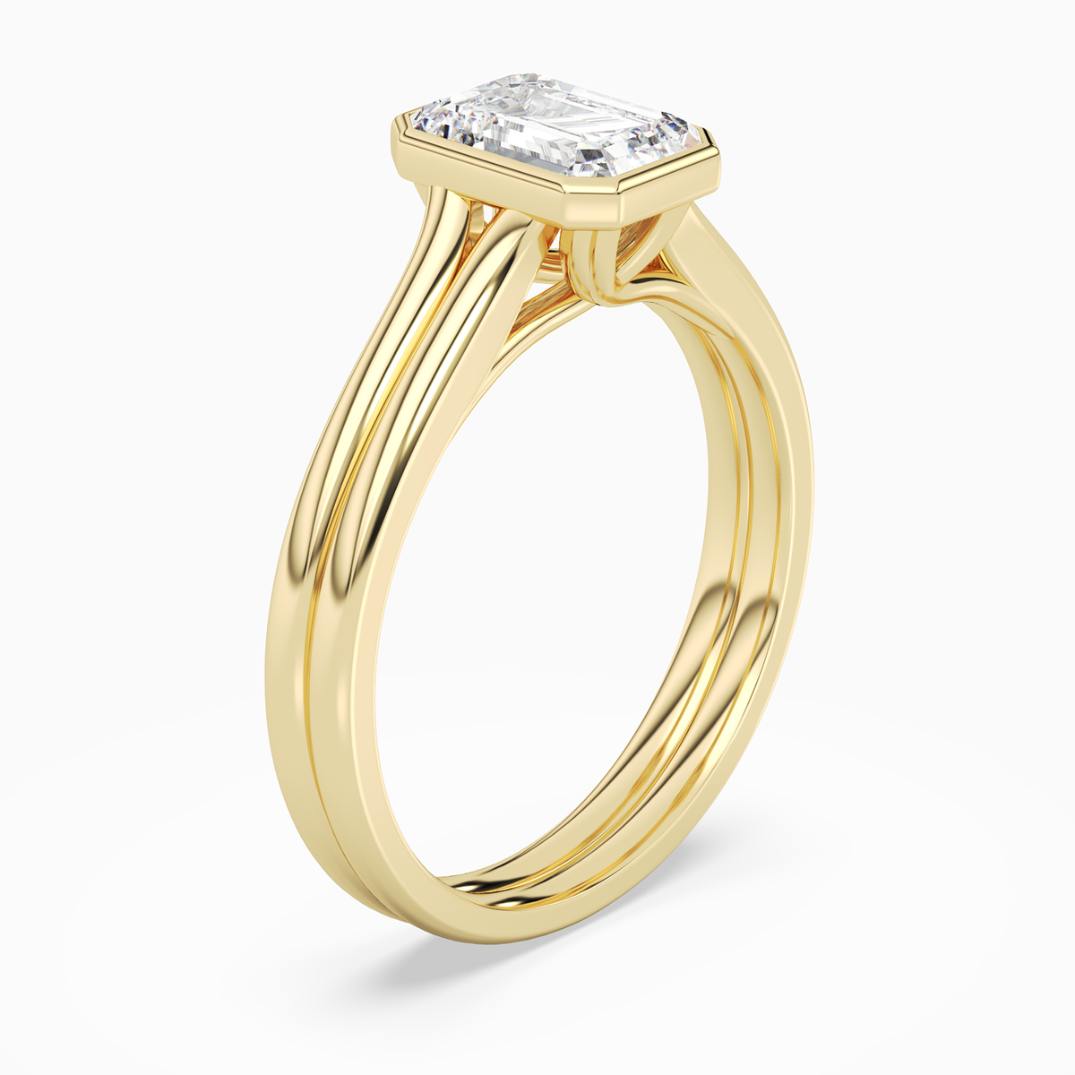 Emerald Stacked Band Bezel Solitaire in 14K Yellow Gold angled
