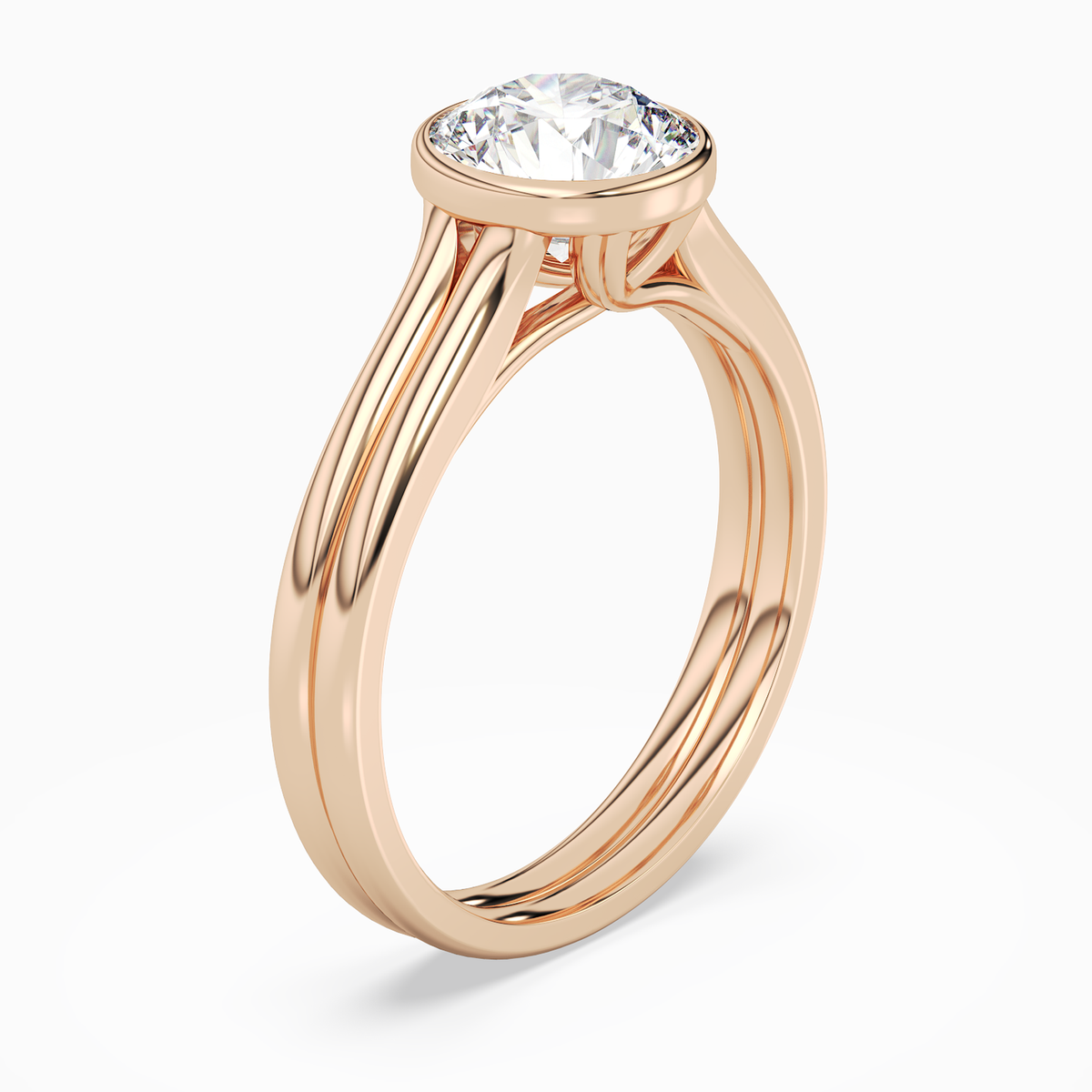 Round Stacked Band Bezel Solitaire in 14K Rose Gold angled