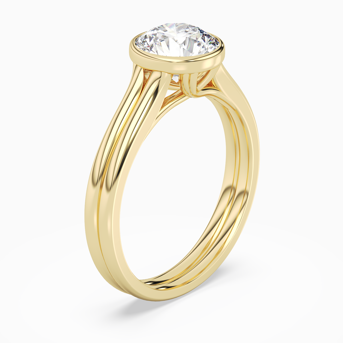Round Stacked Band Bezel Solitaire in 18K Yellow Gold angled