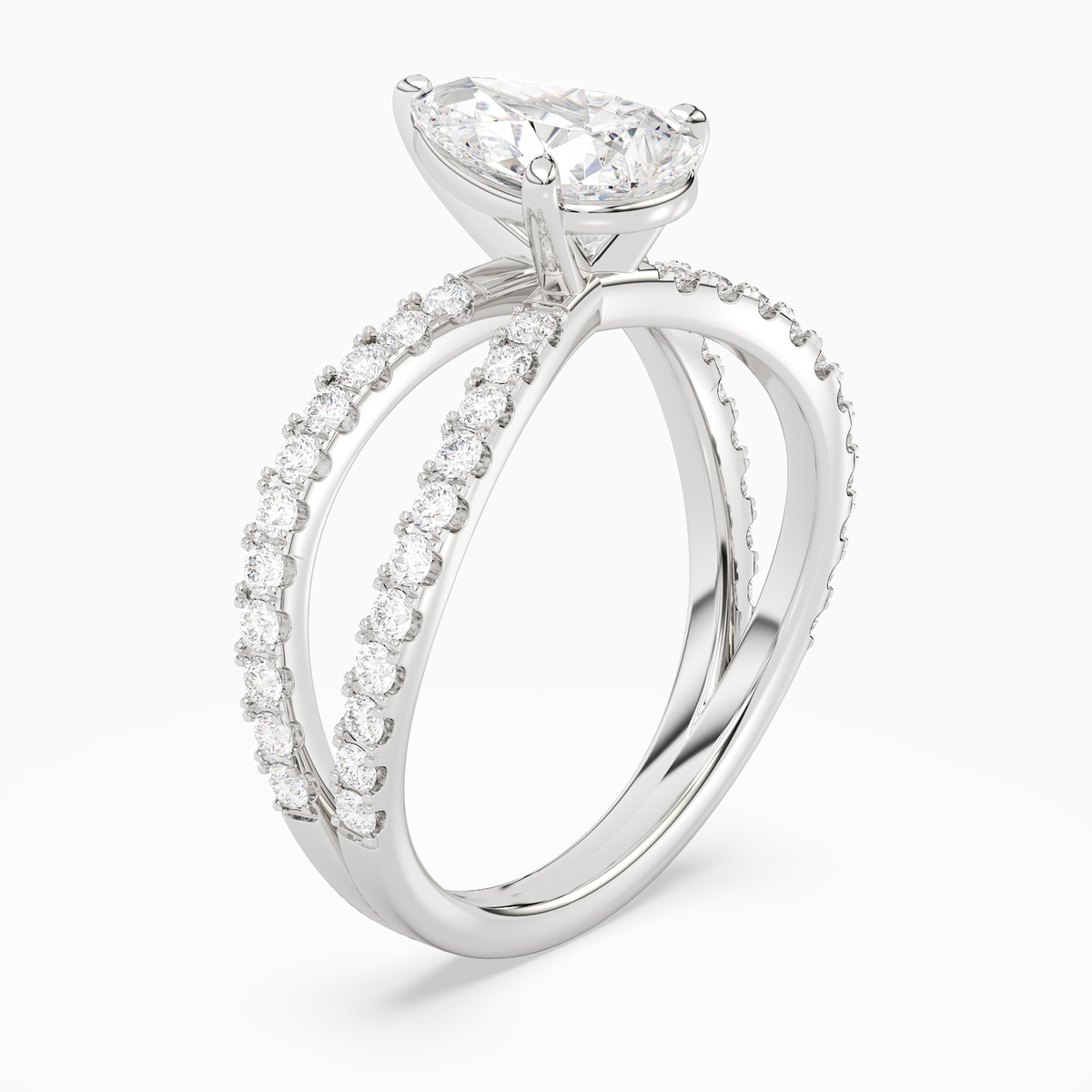 Pear Split Pavé Bypass Solitaire in 14K White Gold angled