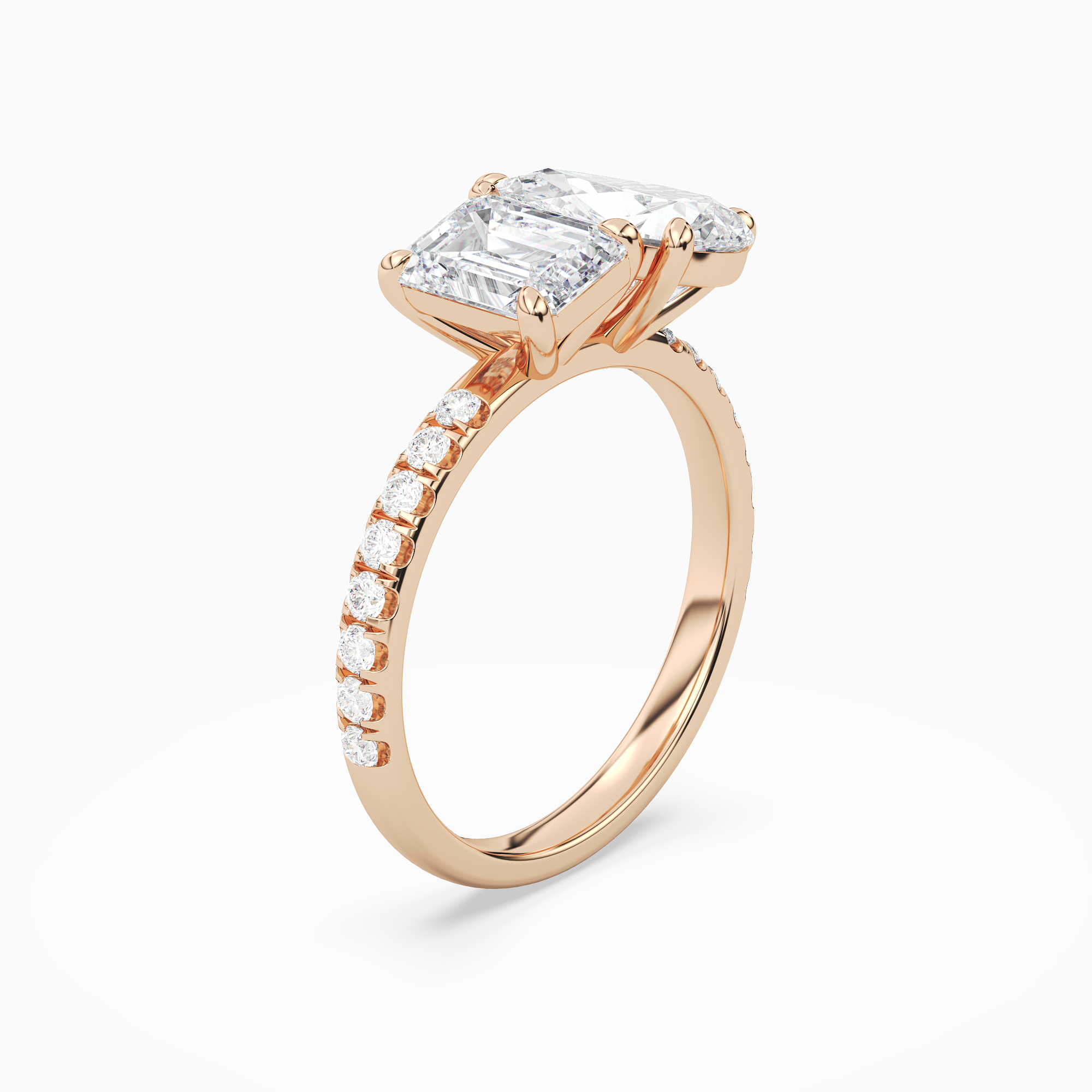 Emerald & Pear Accented Toi Et Moi in 14K Rose Gold angled