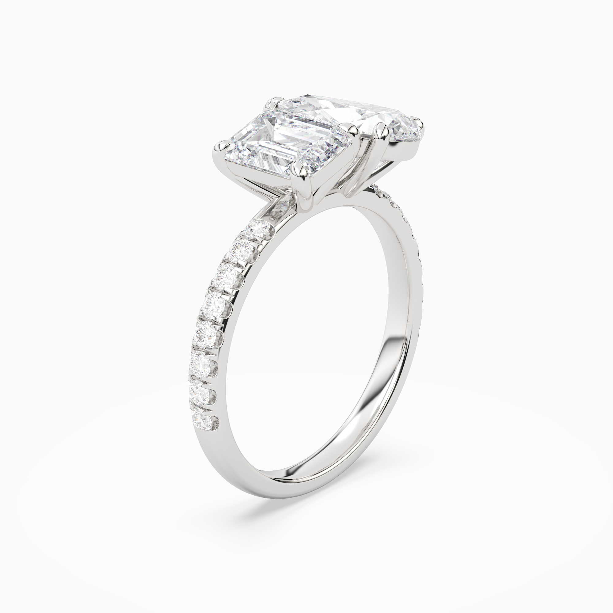 Emerald & Pear Accented Toi Et Moi in 18K White Gold angled