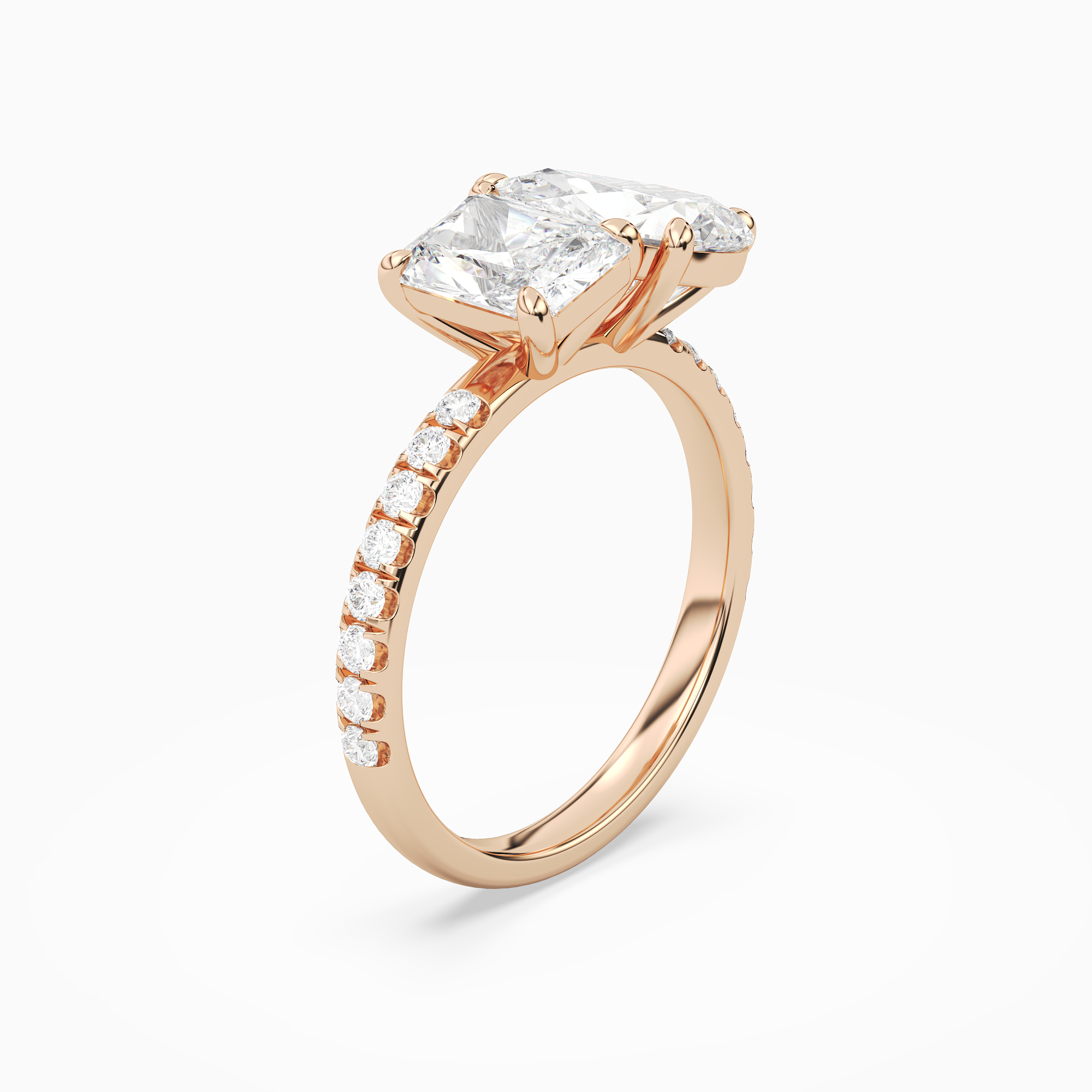 Radiant & Pear Accented Toi Et Moi in 14K Rose Gold angled