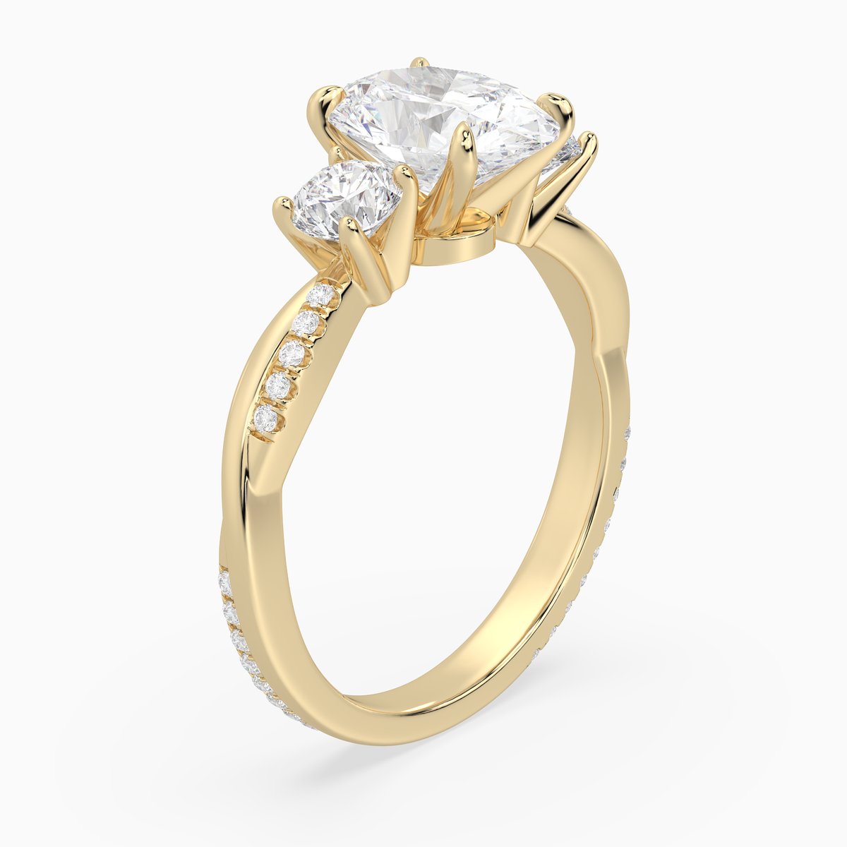 Oval Twisted Vine Three Stone in 14K Yellow Gold angled