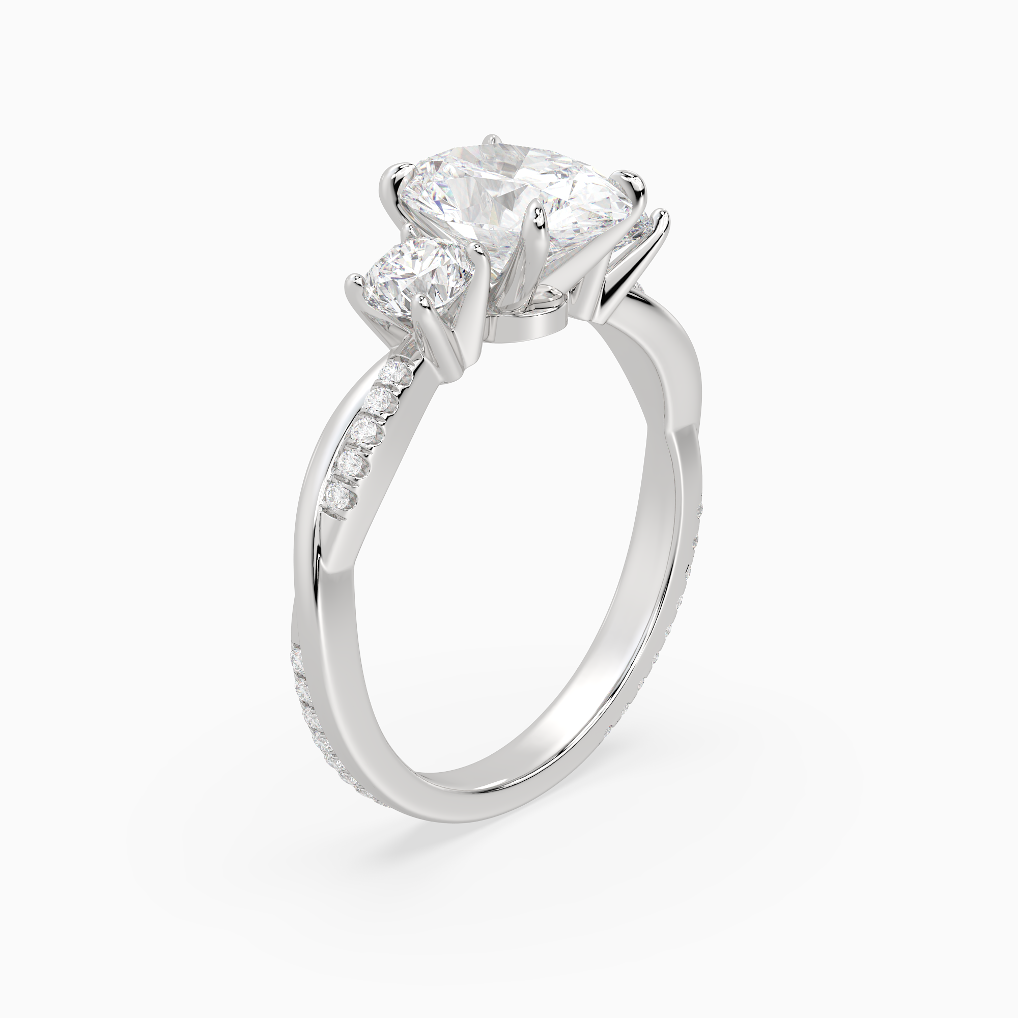 Oval Twisted Vine Three Stone in Platinum angled