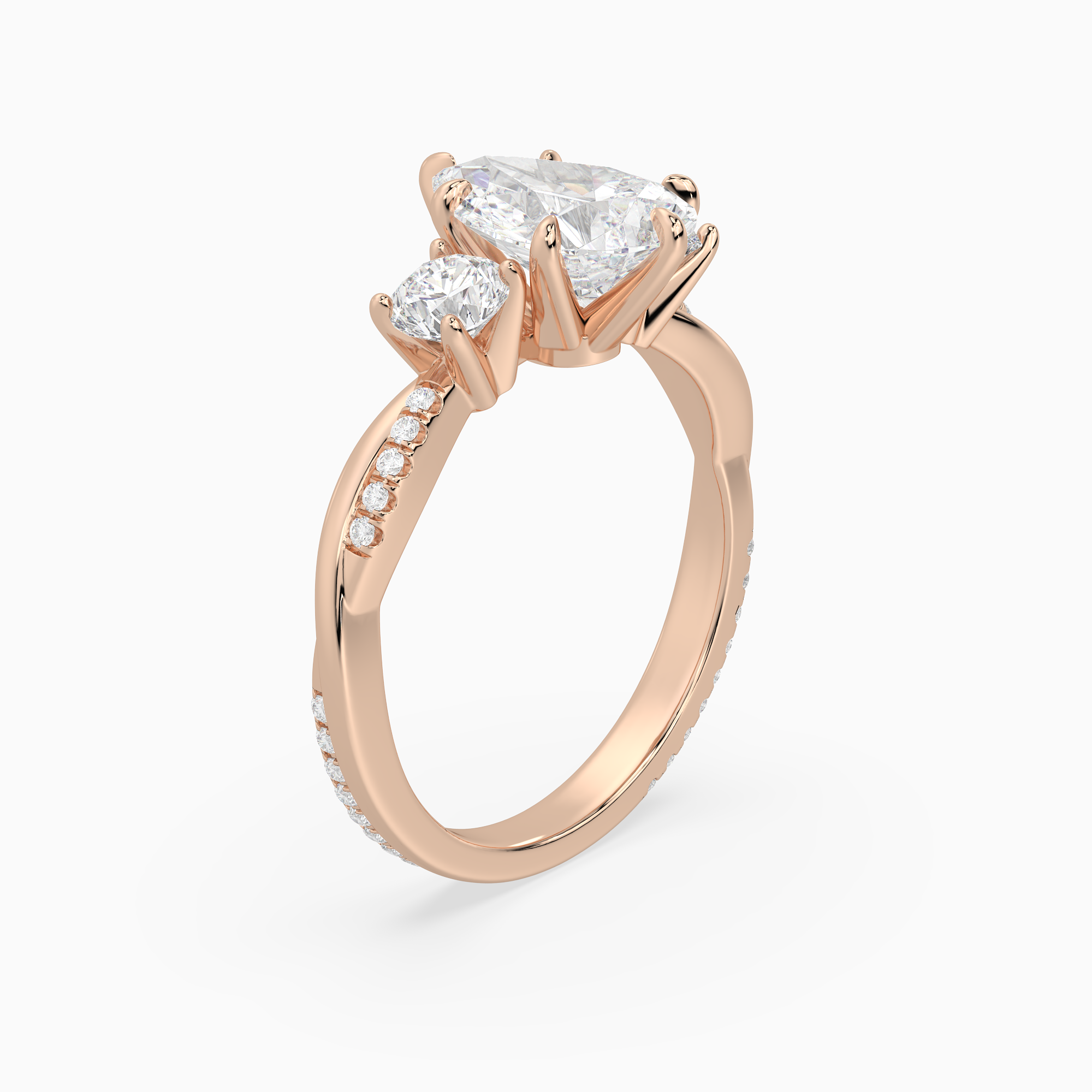 Pear Twisted Vine Three Stone in 14K Rose Gold angled
